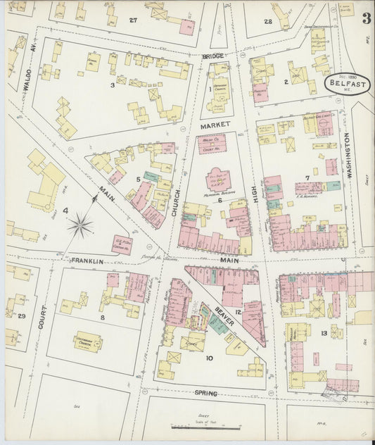 Sanborn Fire Insurance Map from Belfast, Waldo County, Maine (1890), Sheet #0003 - Historic Sanborn Fire Insurance Map Print, vintage old map wall art, antique decor, genealogy gift, Maine Maine map