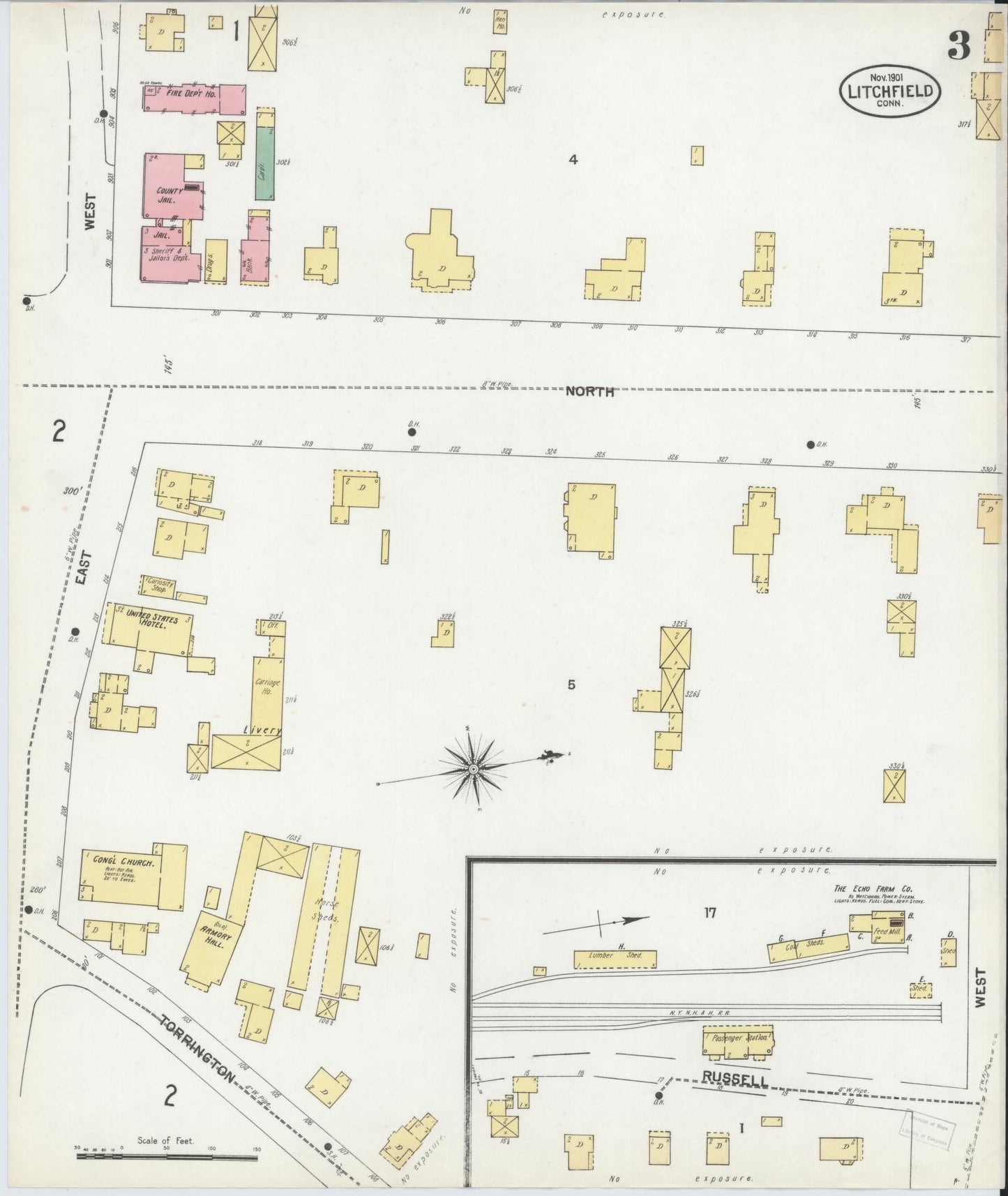 Sanborn Fire Insurance Map from Litchfield, Litchfield County, Connecticut (1901), Sheet #0003 - Complete Map Set gallery image, historic Sanborn map, vintage wall art, Connecticut Connecticut