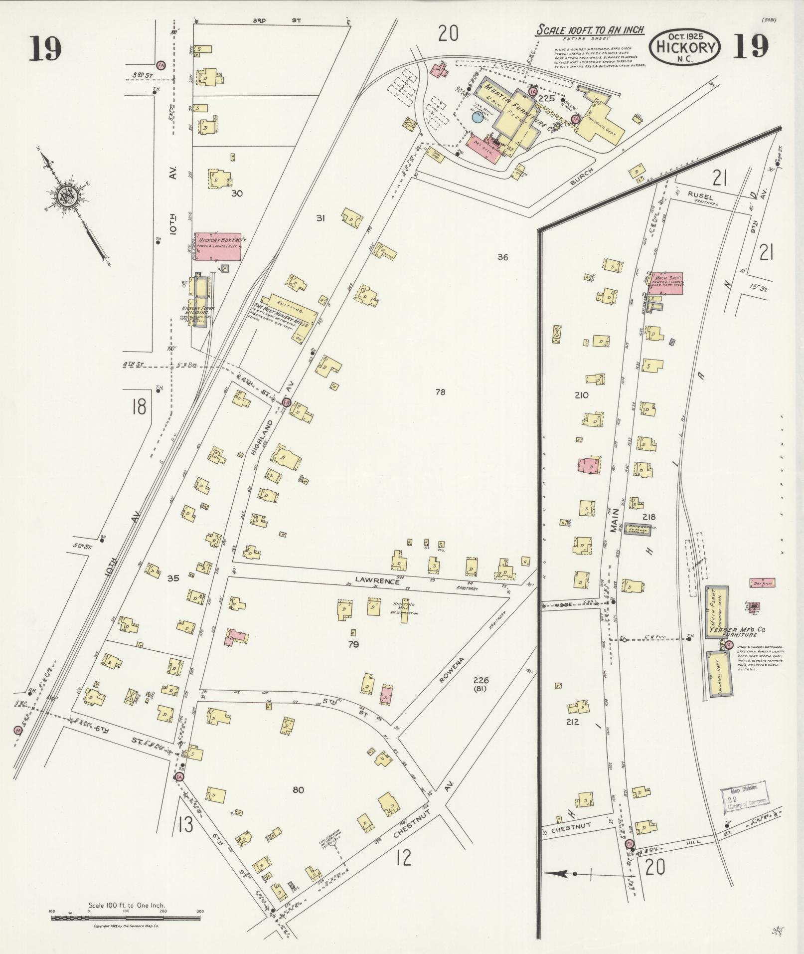 Sanborn Fire Insurance Map from Hickory, Catawba County, North Carolina (1925), Sheet #0019 - Historic Sanborn Fire Insurance Map Print, vintage old map wall art, antique decor, genealogy gift, North Carolina North Carolina map