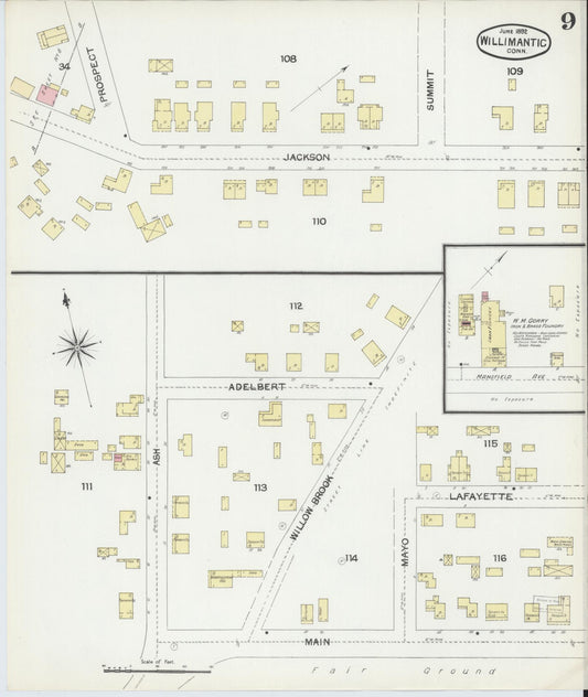 Sanborn Fire Insurance Map from Willimantic, Windham County, Connecticut (1892), Sheet #0009 - Historic Sanborn Fire Insurance Map Print, vintage old map wall art, antique decor, genealogy gift, Connecticut Connecticut map