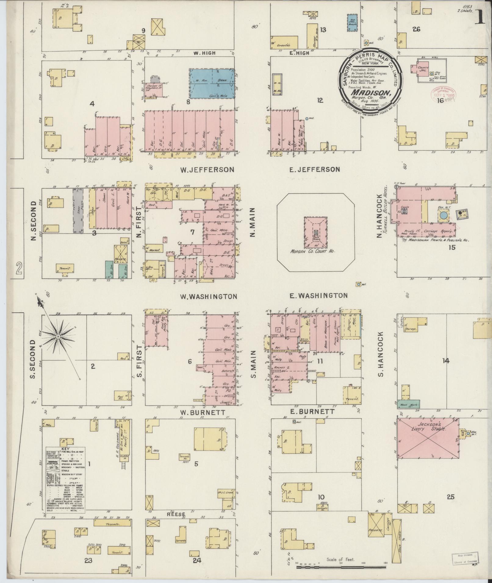 Sanborn Fire Insurance Map from Madison, Morgan County, Georgia (1895), Sheet #0001 - Historic Sanborn Fire Insurance Map Print, vintage old map wall art, antique decor, genealogy gift, Georgia Georgia map
