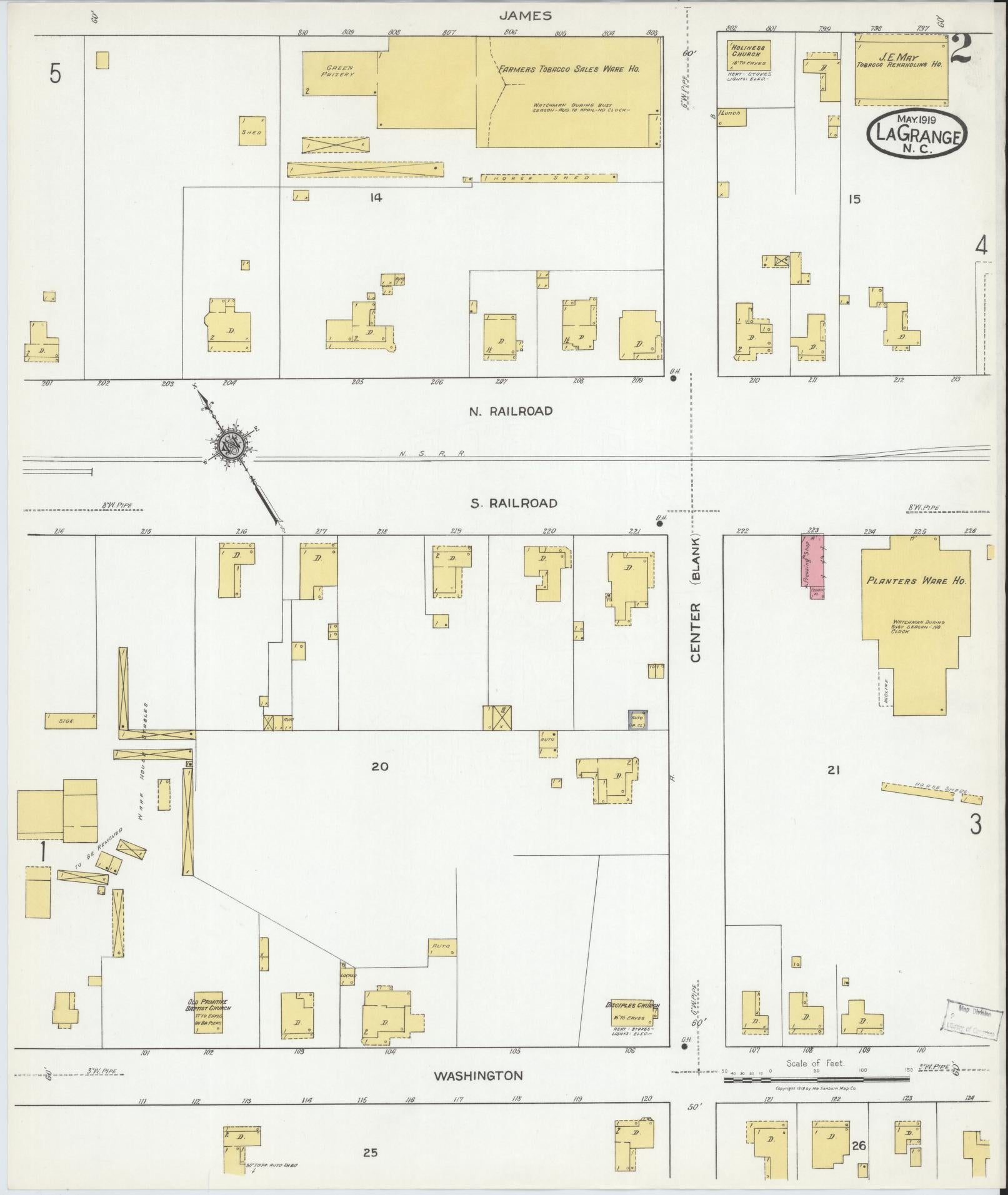 Sanborn Fire Insurance Map from La Grange, Lenoir County, North Carolina (1919), Sheet #0002 - Complete Map Set gallery image, historic Sanborn map, vintage wall art, North Carolina North Carolina