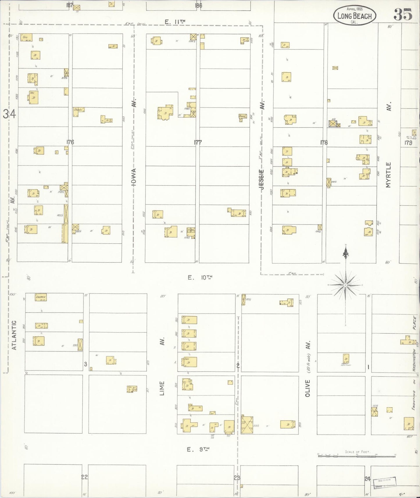 Sanborn Fire Insurance Map from Long Beach, Los Angeles County, California (1905), Sheet #0035 - Historic Sanborn Fire Insurance Map Print, vintage old map wall art, antique decor, genealogy gift, California California map
