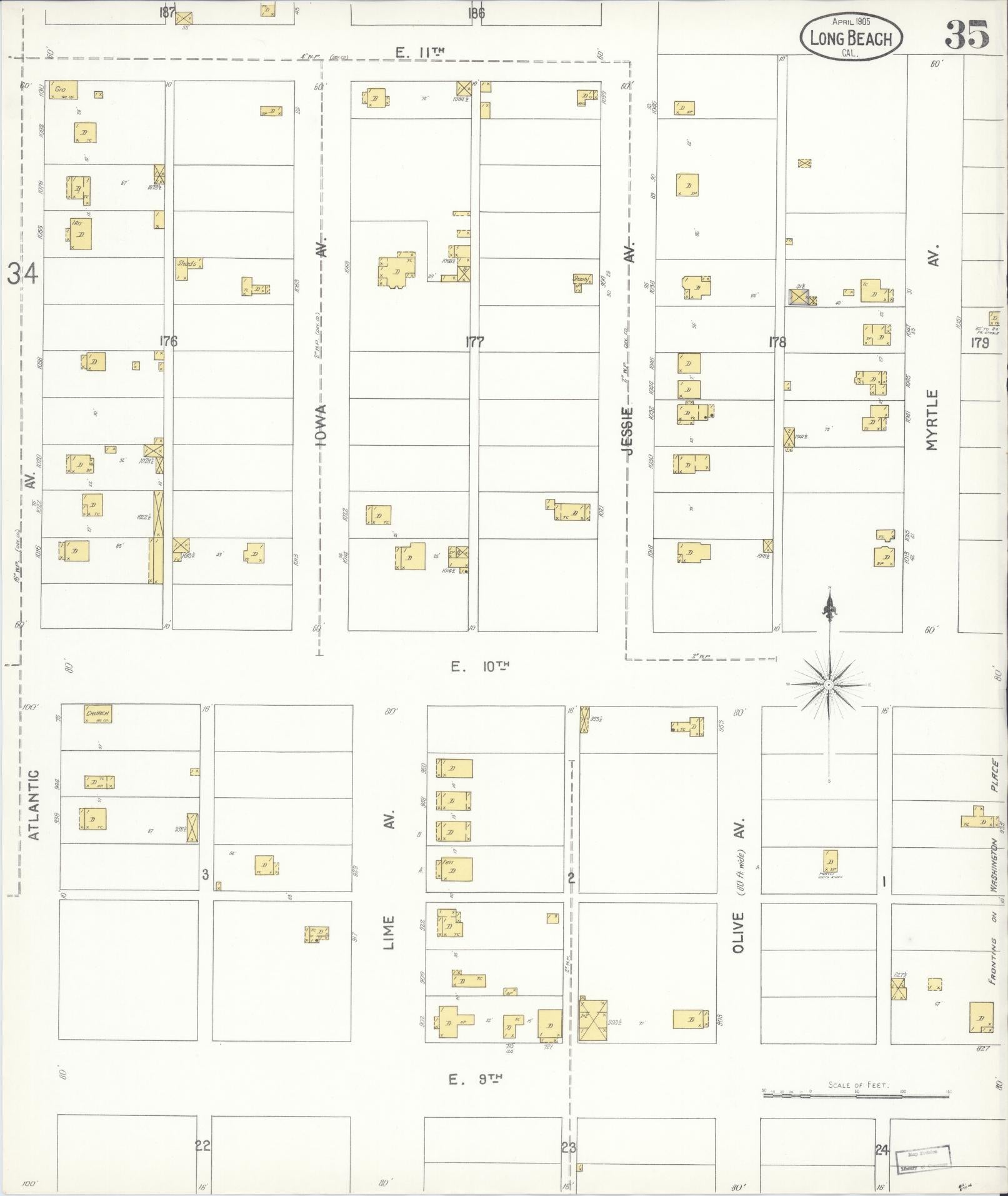 Sanborn Fire Insurance Map from Long Beach, Los Angeles County, California (1905), Sheet #0035 - Historic Sanborn Fire Insurance Map Print, vintage old map wall art, antique decor, genealogy gift, California California map