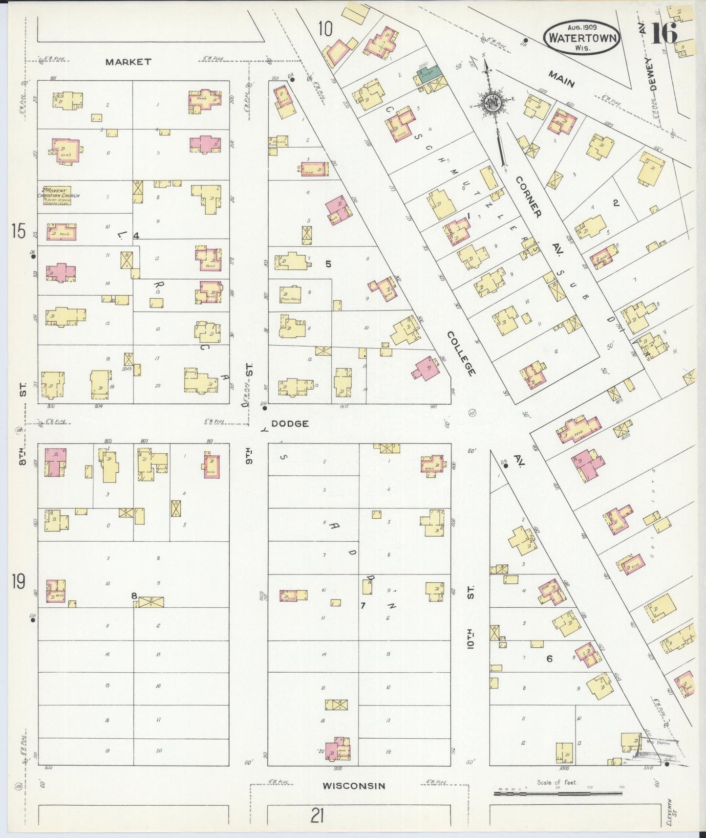 Sanborn Fire Insurance Map from Watertown, Jefferson County, Wisconsin (1909), Sheet #0016 - Complete Map Set gallery image, historic Sanborn map, vintage wall art, Wisconsin Wisconsin