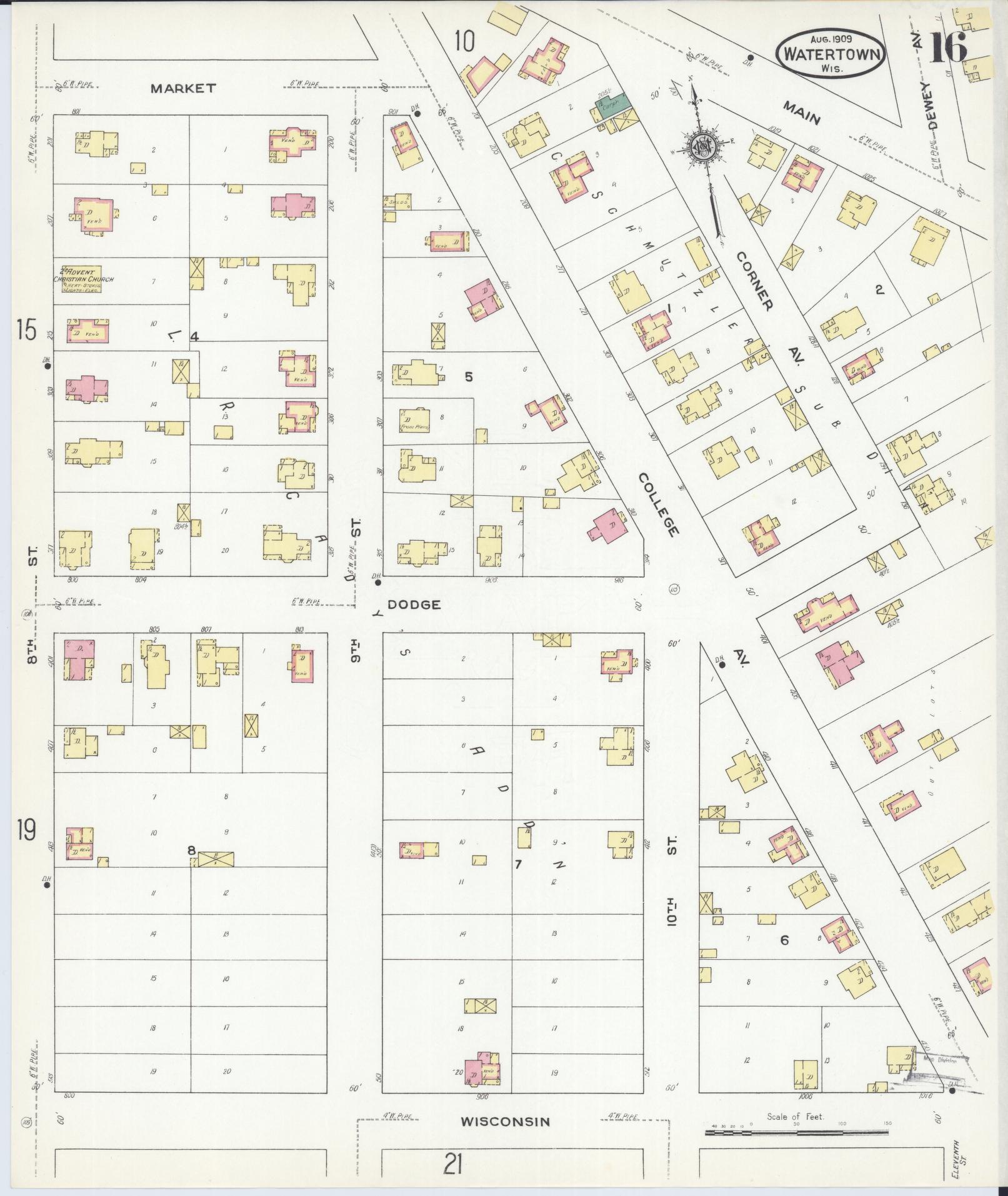 Sanborn Fire Insurance Map from Watertown, Jefferson County, Wisconsin (1909), Sheet #0016 - Complete Map Set gallery image, historic Sanborn map, vintage wall art, Wisconsin Wisconsin