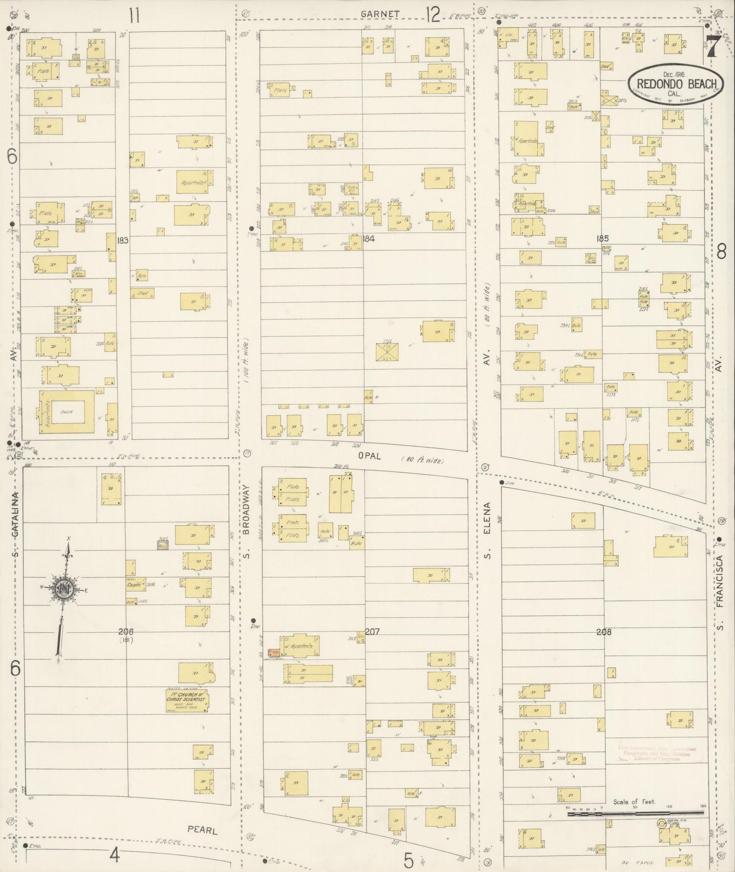 Sanborn Fire Insurance Map from Redondo Beach, Los Angeles County, California (1916), Sheet #0007 - Complete Map Set gallery image, historic Sanborn map, vintage wall art, California California