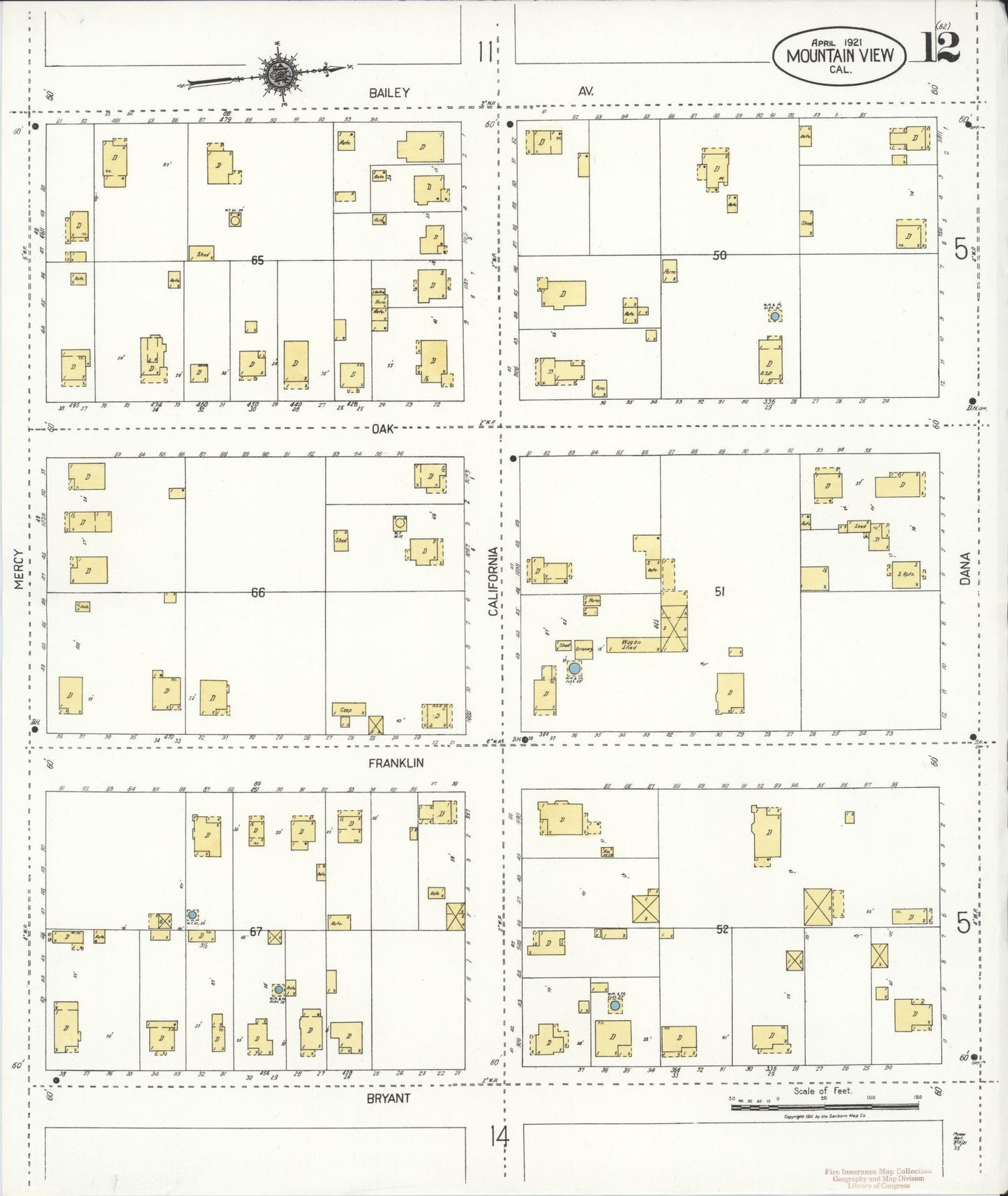 Sanborn Fire Insurance Map from Mountain View, Santa Clara County, California (1921), Sheet #0012 - Complete Map Set gallery image, historic Sanborn map, vintage wall art, California California