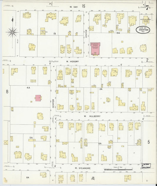 Sanborn Fire Insurance Map from Denton, Denton County, Texas (1907), Sheet #0007 - Historic Sanborn Fire Insurance Map Print, vintage old map wall art, antique decor, genealogy gift, Texas Texas map