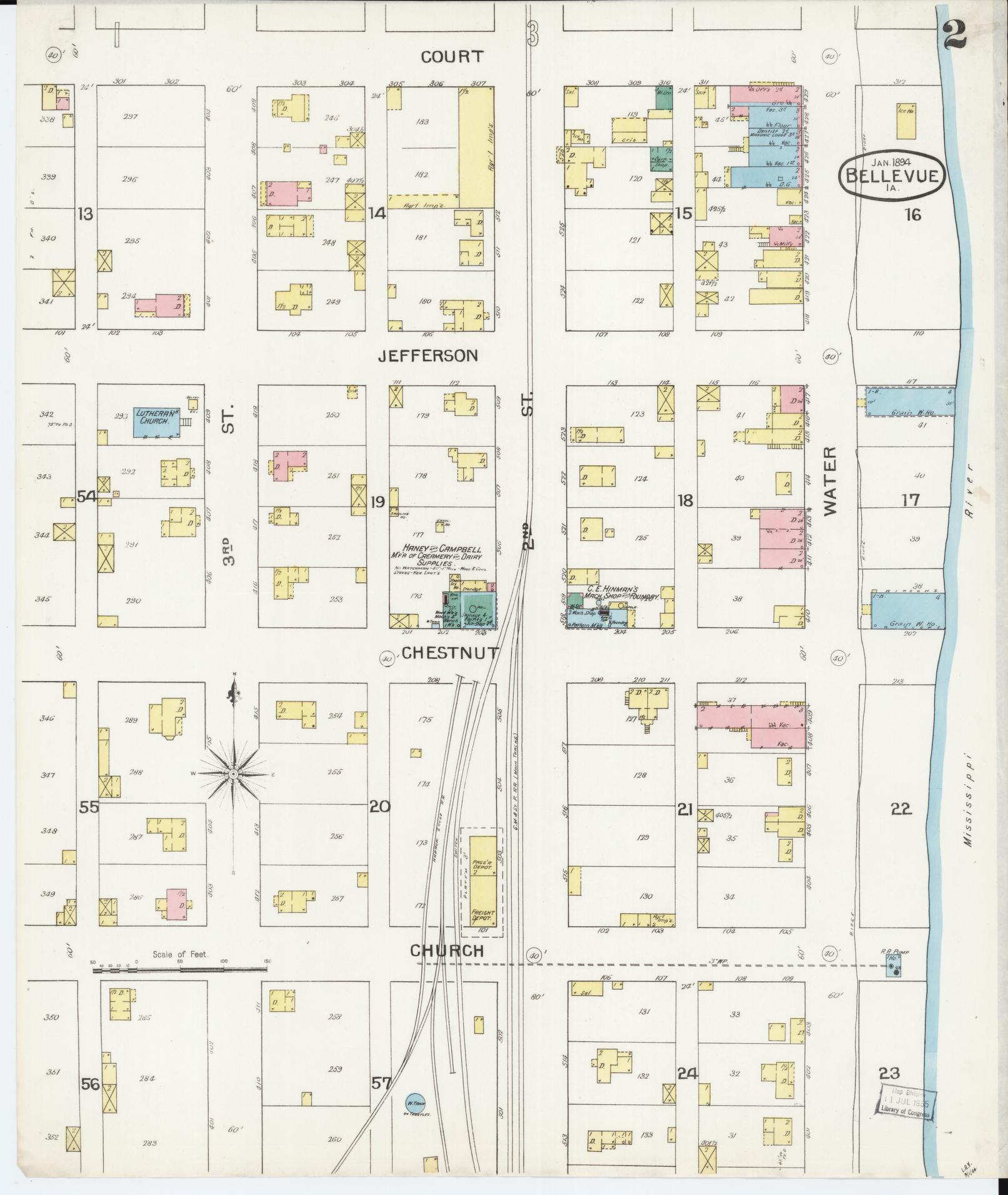 Sanborn Fire Insurance Map from Bellevue, Jackson County, Iowa (1894), Sheet #0002 - Historic Sanborn Fire Insurance Map Print, vintage old map wall art