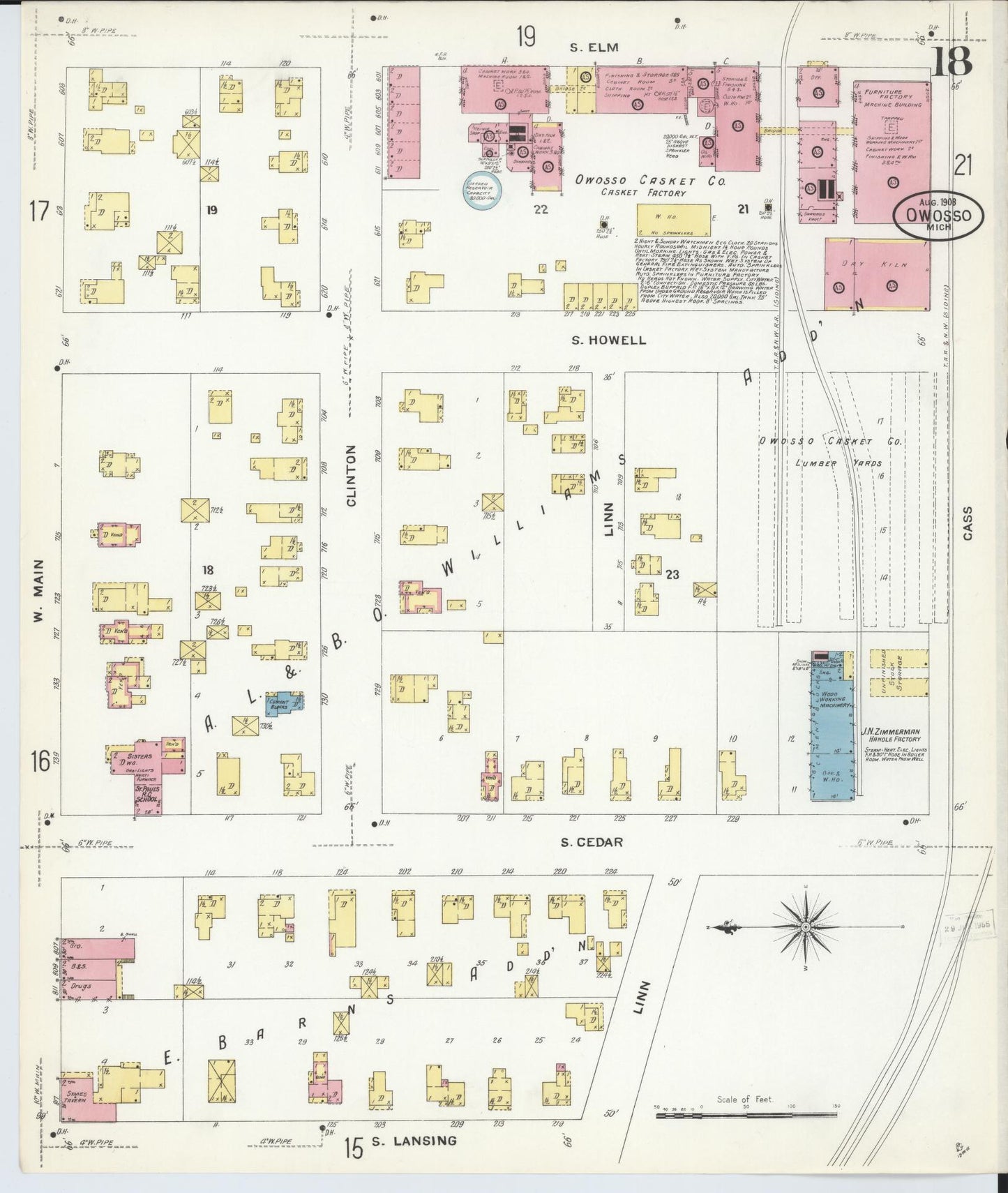 Sanborn Fire Insurance Map from Owosso, Shiawassee County, Michigan (1908), Sheet #0018 - Complete Map Set gallery image, historic Sanborn map, vintage wall art, Michigan Michigan