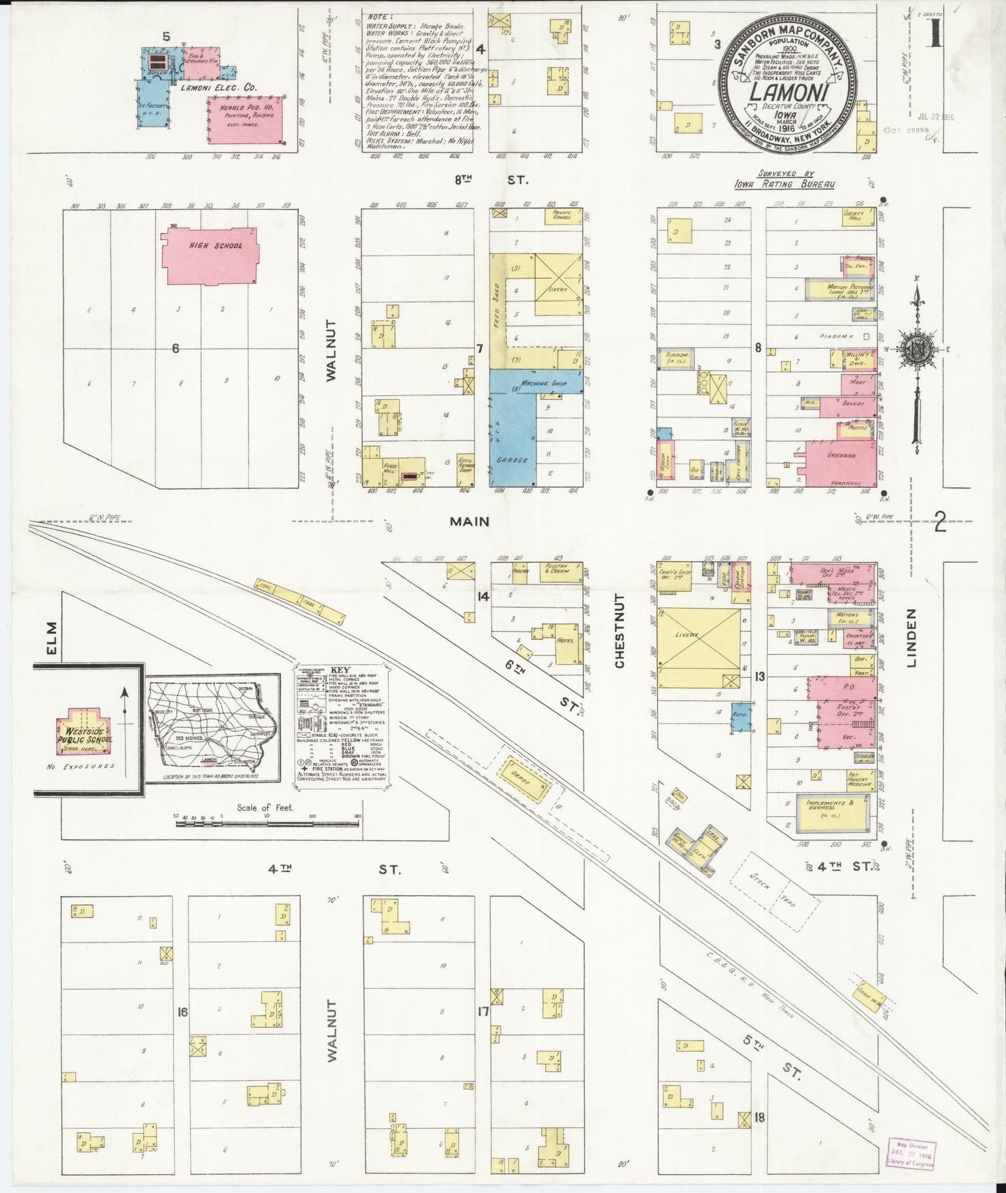 Sanborn Fire Insurance Map from Lamoni, Decatur County, Iowa (1916), Sheet #0001 - Historic Sanborn Fire Insurance Map Print, vintage old map wall art