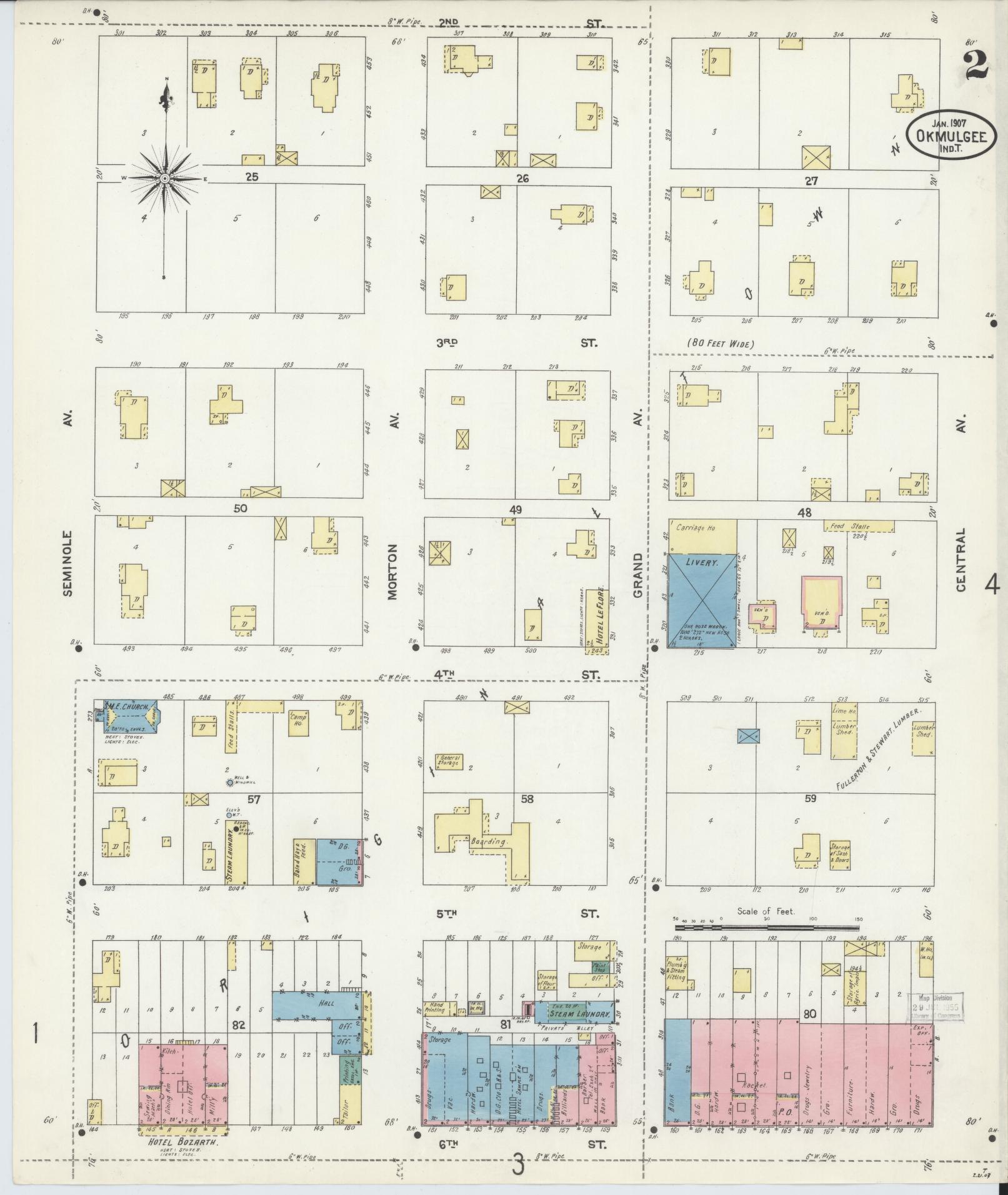 Sanborn Fire Insurance Map from Okmulgee, Okmulgee County, Oklahoma (1907), Sheet #0002 - Historic Sanborn Fire Insurance Map Print, vintage old map wall art, antique decor, genealogy gift, Oklahoma Oklahoma map