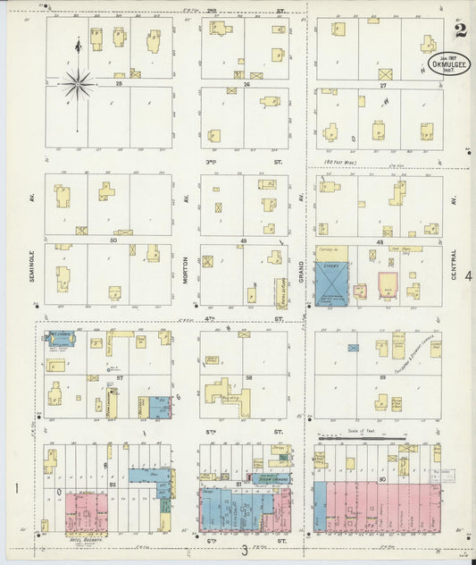 Sanborn Fire Insurance Map from Okmulgee, Okmulgee County, Oklahoma (1907), Sheet #0002 - Historic Sanborn Fire Insurance Map Print, vintage old map wall art, antique decor, genealogy gift, Oklahoma Oklahoma map