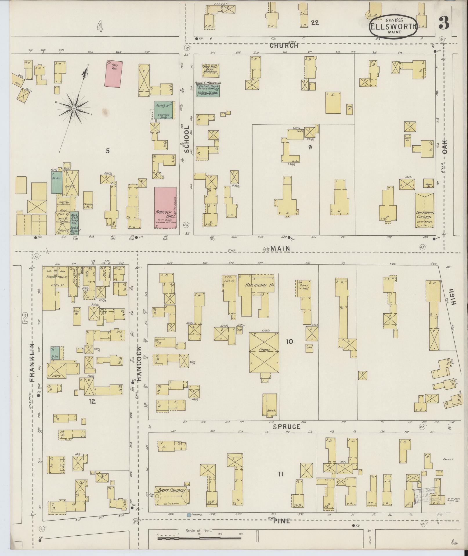 Sanborn Fire Insurance Map from Ellsworth, Hancock County, Maine (1895), Sheet #0003 - Historic Sanborn Fire Insurance Map Print, vintage old map wall art, antique decor, genealogy gift, Maine Maine map