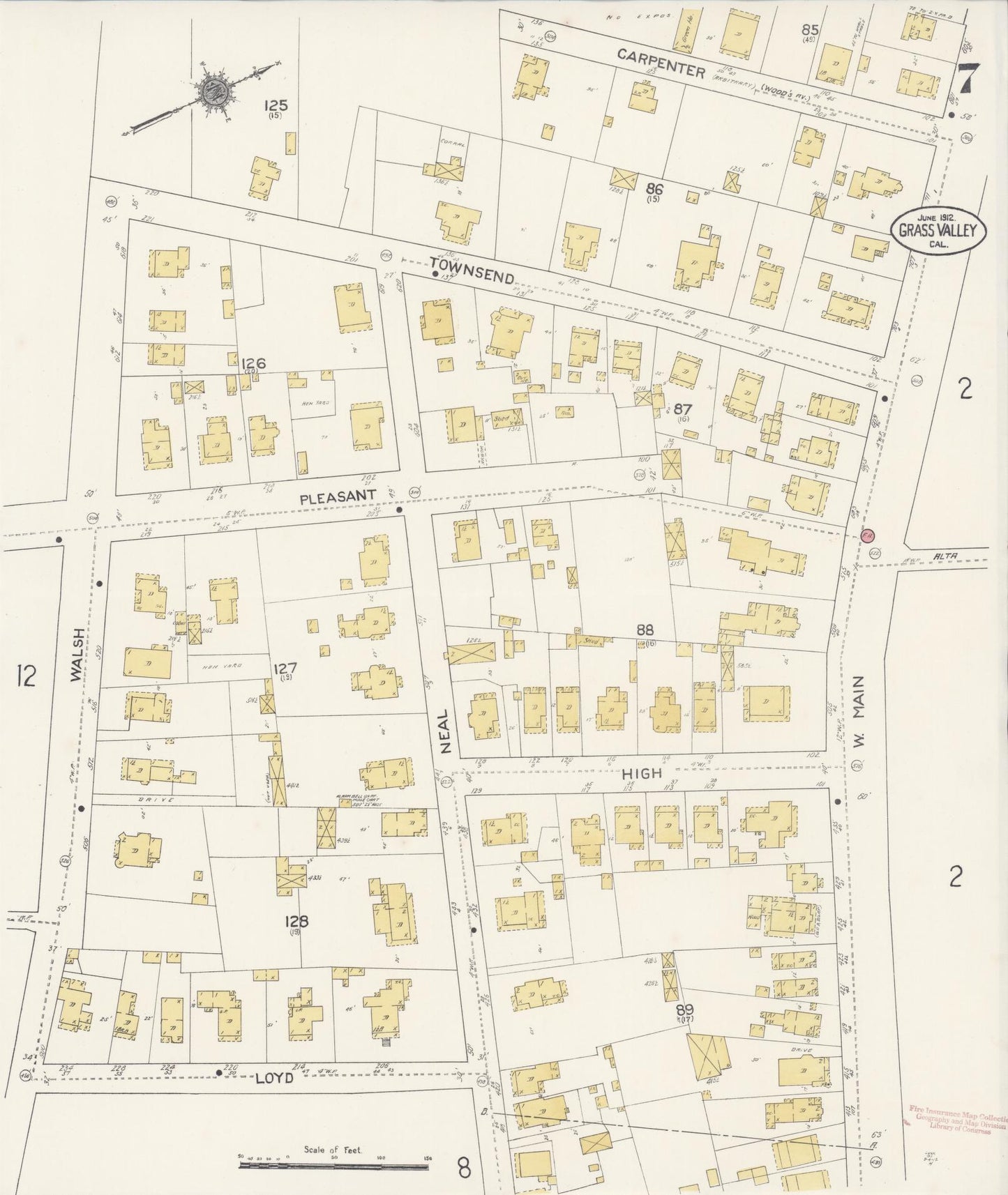 Sanborn Fire Insurance Map from Grass Valley, Nevada County, California (1912), Sheet #0007 - Complete Map Set gallery image, historic Sanborn map, vintage wall art, California California