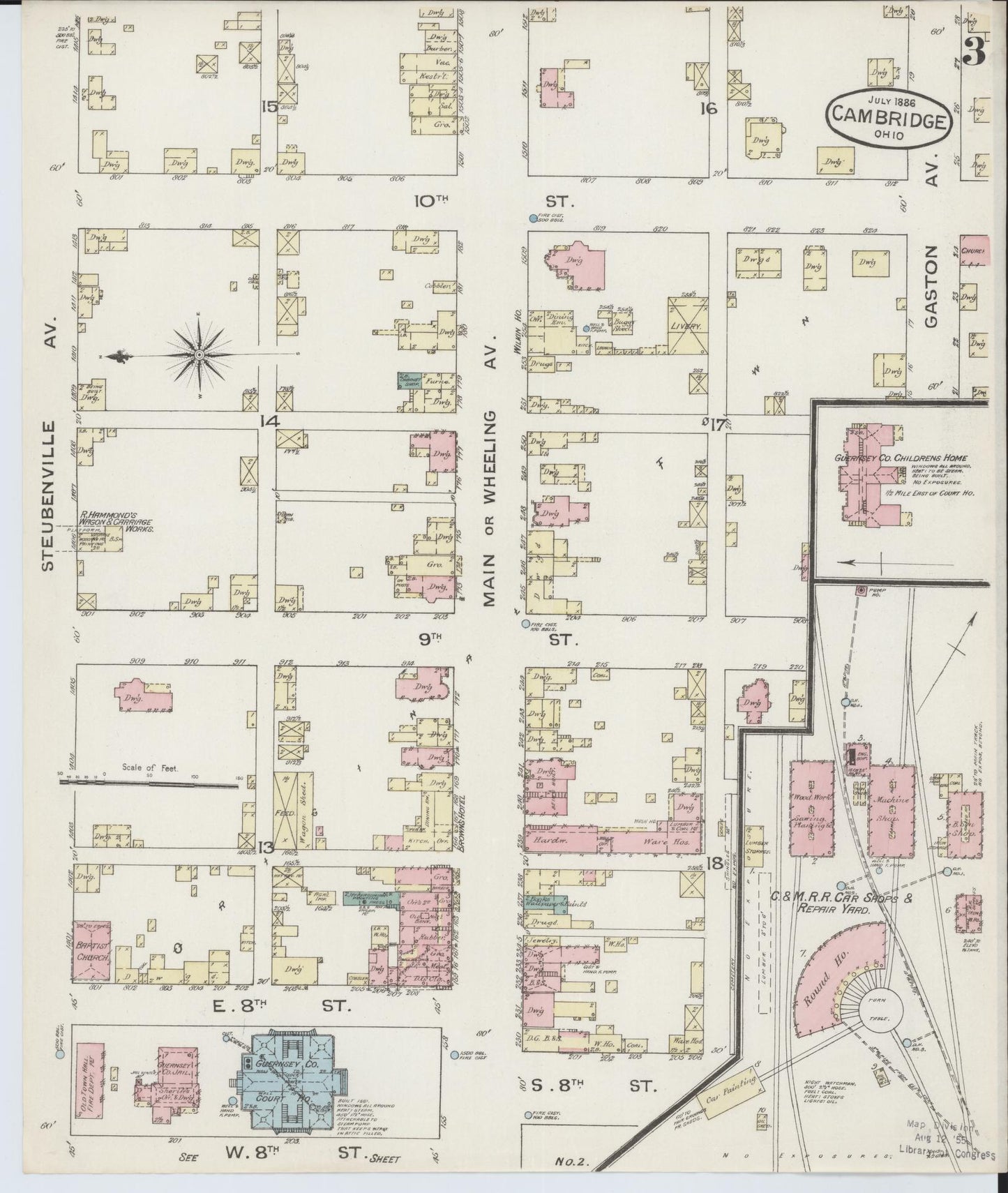Sanborn Fire Insurance Map from Cambridge, Guernsey County, Ohio (1886), Sheet #0003 - Historic Sanborn Fire Insurance Map Print, vintage old map wall art, antique decor, genealogy gift, Ohio Ohio map