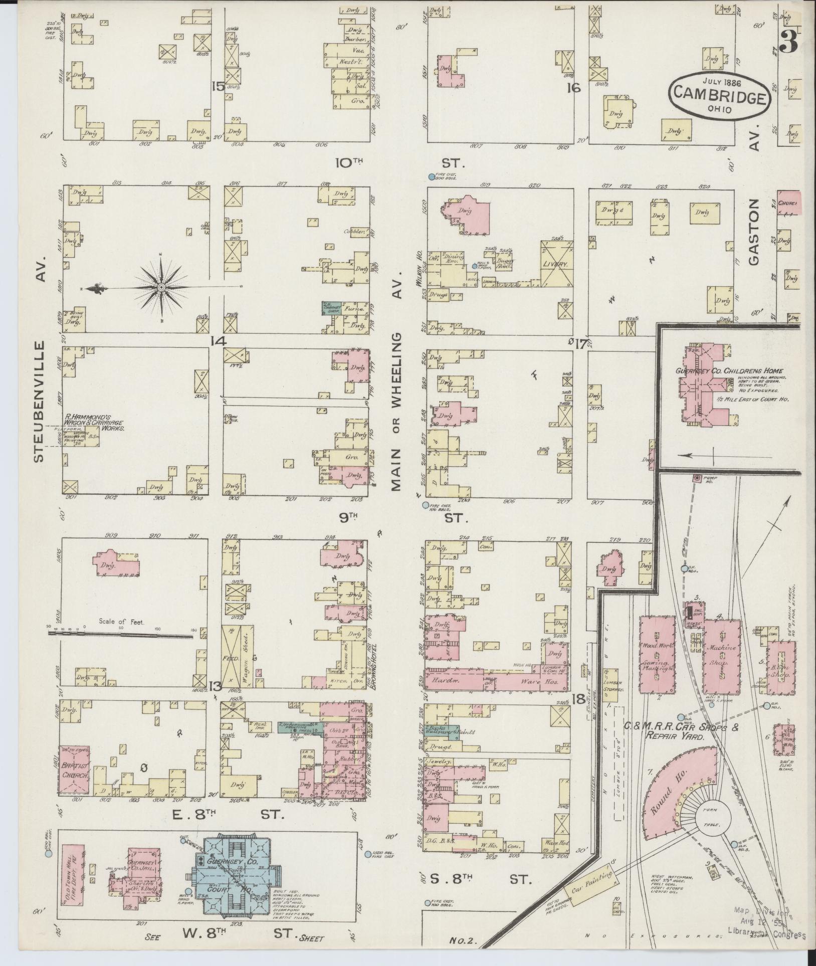 Sanborn Fire Insurance Map from Cambridge, Guernsey County, Ohio (1886), Sheet #0003 - Historic Sanborn Fire Insurance Map Print, vintage old map wall art, antique decor, genealogy gift, Ohio Ohio map