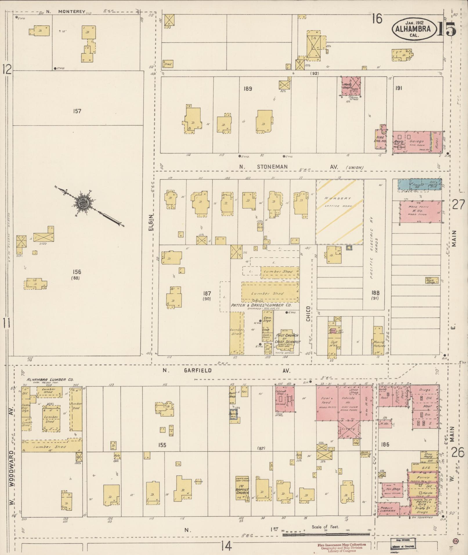 Sanborn Fire Insurance Map from Alhambra, Los Angeles County, California (1912), Sheet #0015 - Historic Sanborn Fire Insurance Map Print, vintage old map wall art, antique decor, genealogy gift, California California map