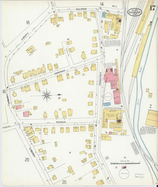 Sanborn Fire Insurance Map from Danbury, Fairfield County, Connecticut (1904), Sheet #0017 - Historic Sanborn Fire Insurance Map Print, vintage old map wall art, antique decor, genealogy gift, Connecticut Connecticut map