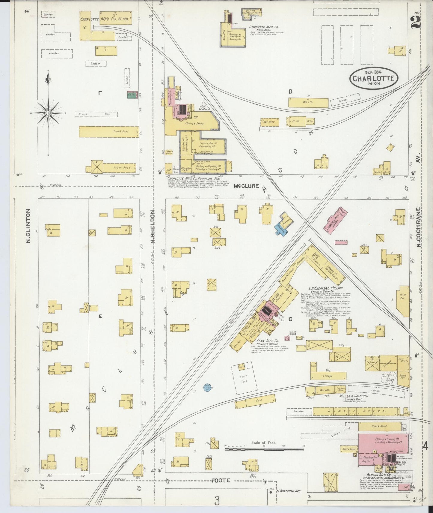 Sanborn Fire Insurance Map from Charlotte, Eaton County, Michigan (1904), Sheet #0002 - Historic Sanborn Fire Insurance Map Print, vintage old map wall art, antique decor, genealogy gift, Michigan Michigan map