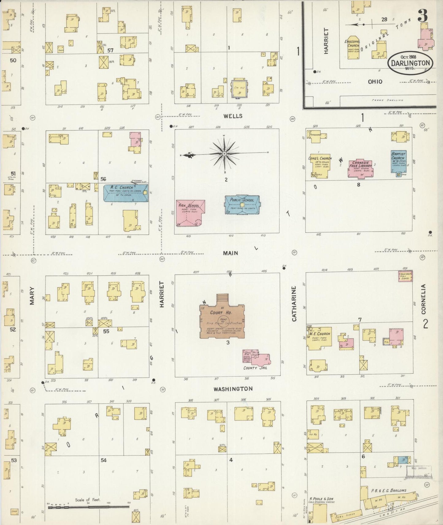 Sanborn Fire Insurance Map from Darlington, Lafayette County, Wisconsin (1908), Sheet #0003 - Historic Sanborn Fire Insurance Map Print, vintage old map wall art, antique decor, genealogy gift, Wisconsin Wisconsin map