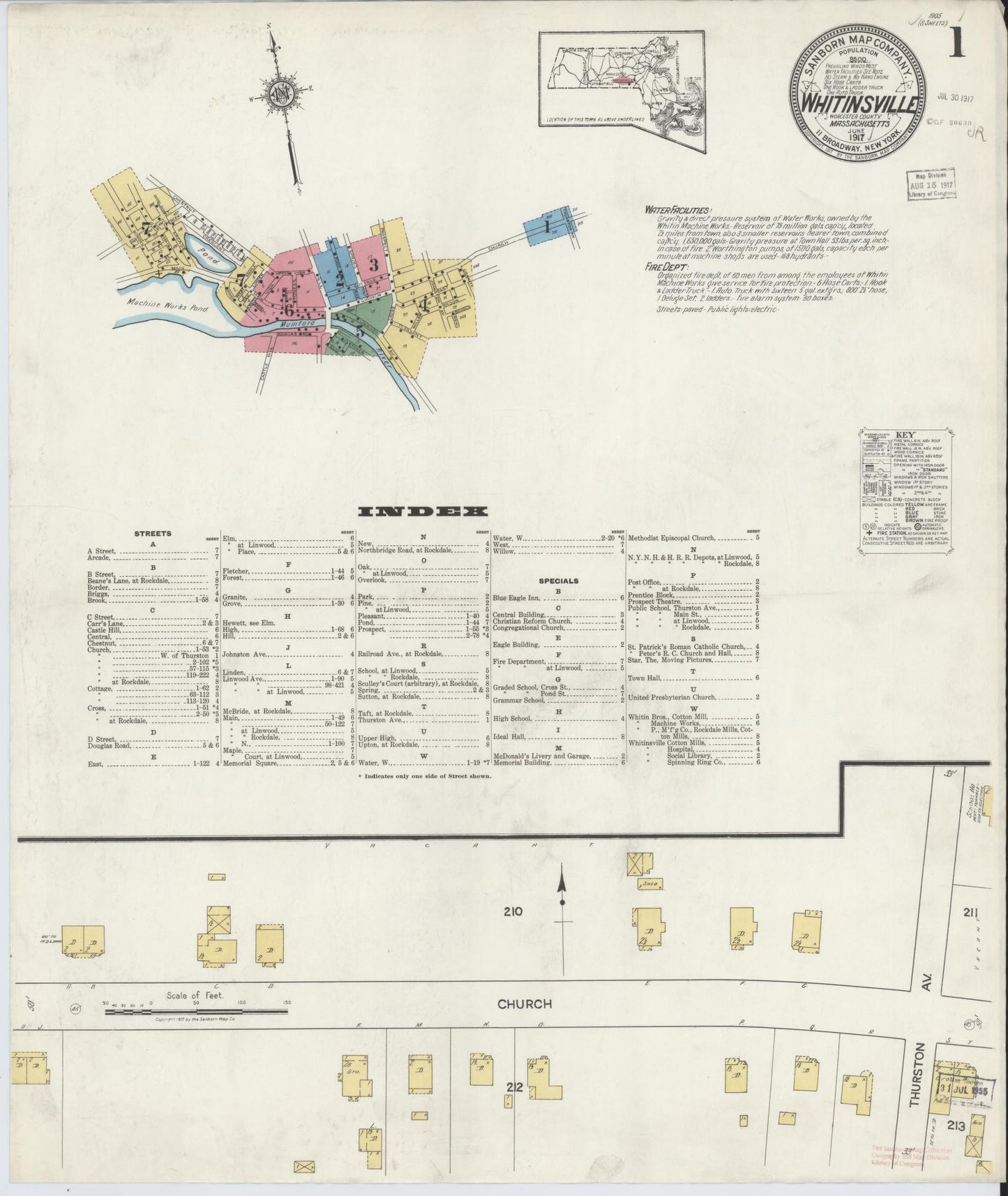Sanborn Fire Insurance Map from Whitinsville, Worcester County, Massachusetts (1917), Sheet #0001 - Complete Map Set gallery image, historic Sanborn map, vintage wall art, Massachusetts Massachusetts