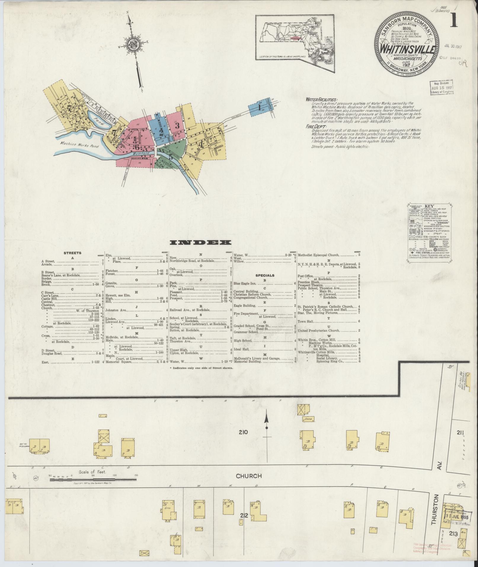 Sanborn Fire Insurance Map from Whitinsville, Worcester County, Massachusetts (1917), Sheet #0001 - Complete Map Set gallery image, historic Sanborn map, vintage wall art, Massachusetts Massachusetts