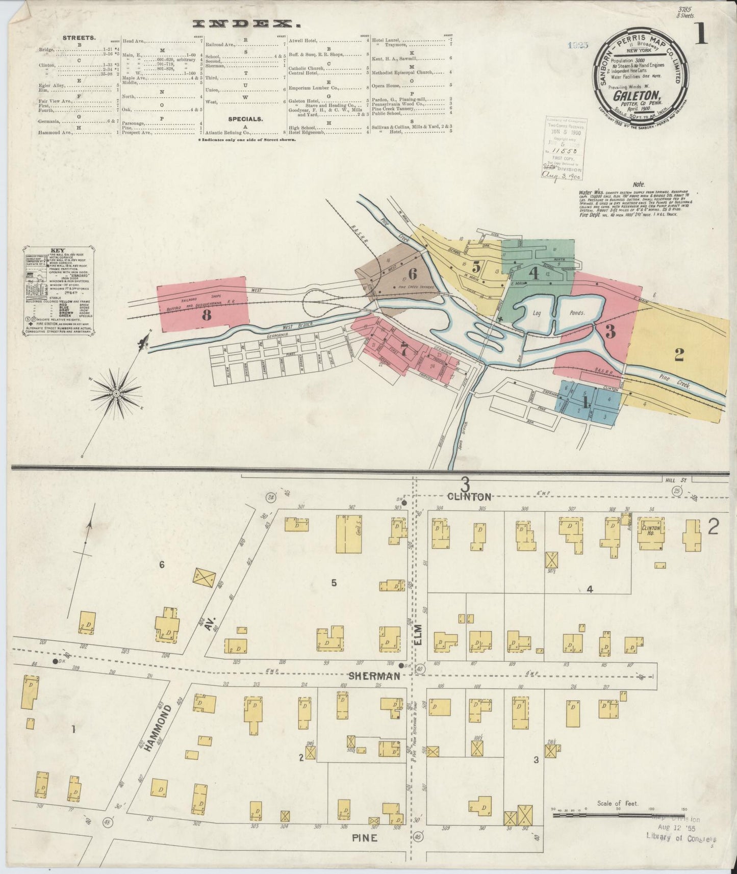 Sanborn Fire Insurance Map from Galeton, Potter County, Pennsylvania (1900), Sheet #0001 - Historic Sanborn Fire Insurance Map Print, vintage old map wall art, antique decor, genealogy gift, Pennsylvania Pennsylvania map