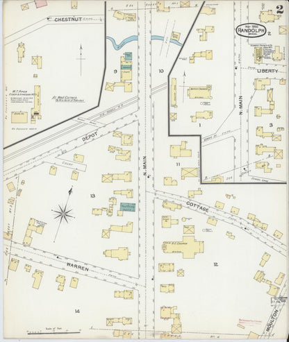 Sanborn Fire Insurance Map from Randolph, Norfolk County, Massachusetts (1892), Sheet #0002 - Historic Sanborn Fire Insurance Map Print, vintage old map wall art, antique decor, genealogy gift, Massachusetts Massachusetts map
