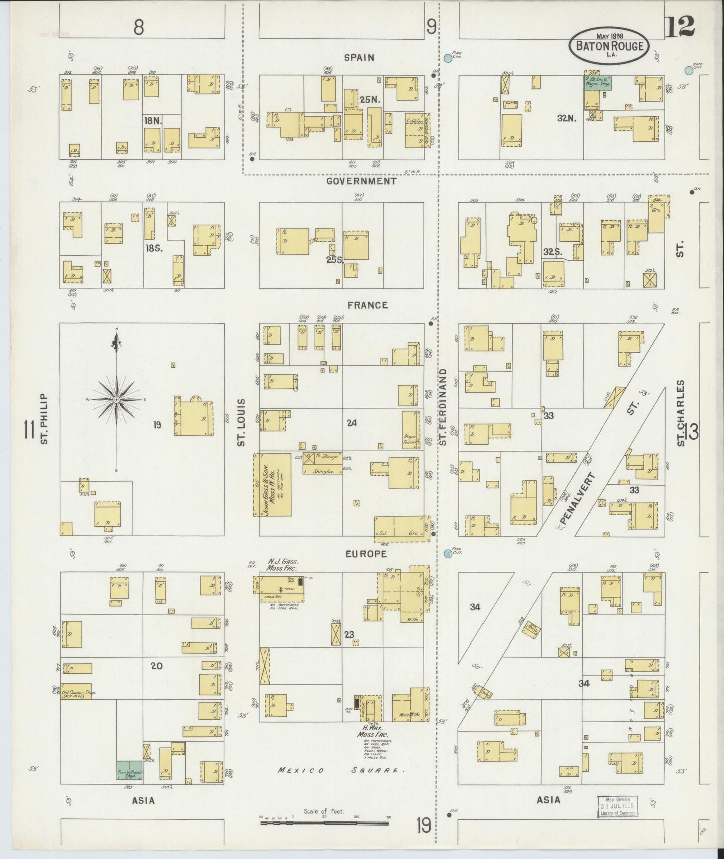 Sanborn Fire Insurance Map from Baton Rouge, East Baton Rouge Parish, Louisiana (1898), Sheet #0012 - Historic Sanborn Fire Insurance Map Print, vintage old map wall art, antique decor, genealogy gift, Louisiana Louisiana map