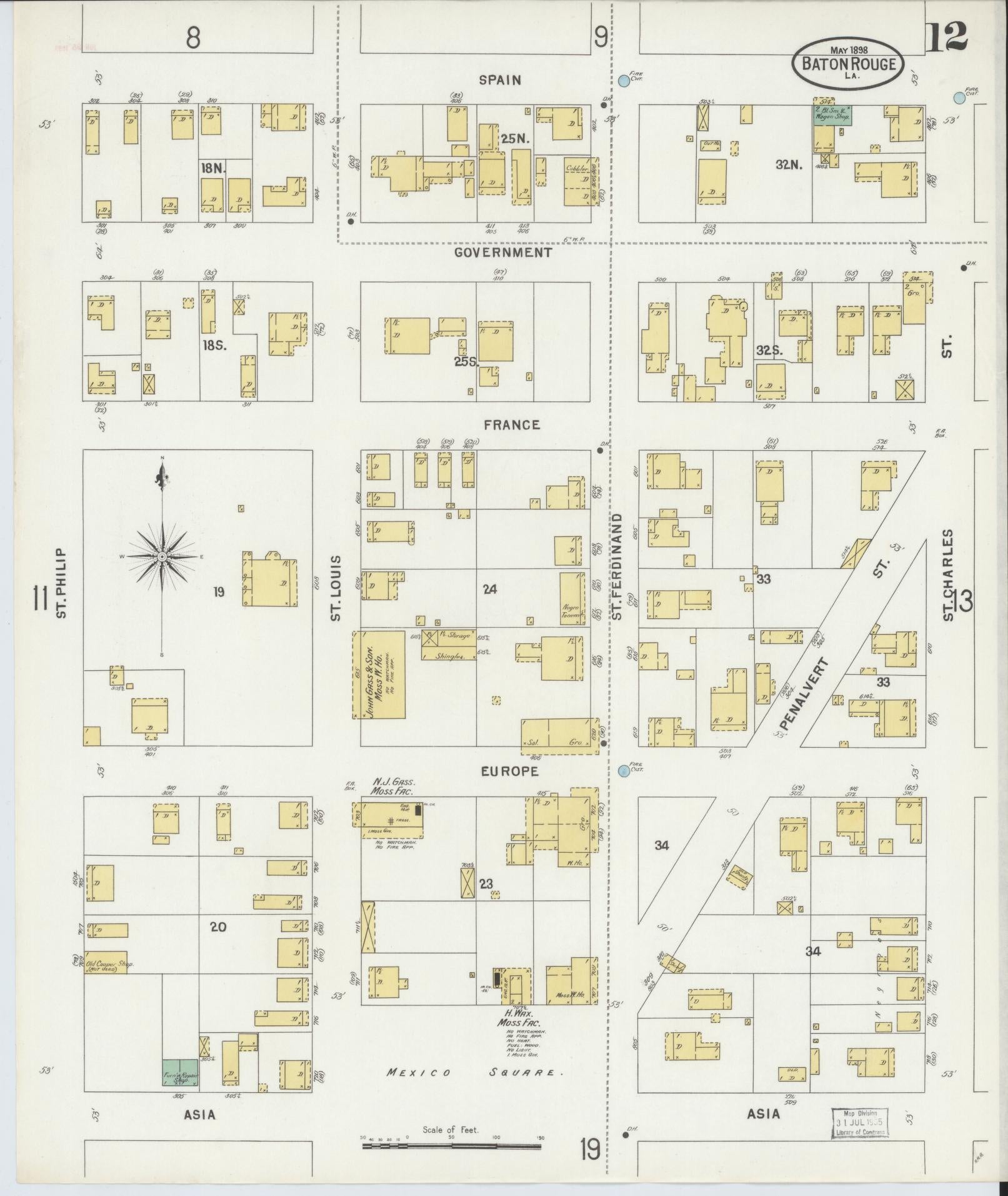 Sanborn Fire Insurance Map from Baton Rouge, East Baton Rouge Parish, Louisiana (1898), Sheet #0012 - Historic Sanborn Fire Insurance Map Print, vintage old map wall art, antique decor, genealogy gift, Louisiana Louisiana map