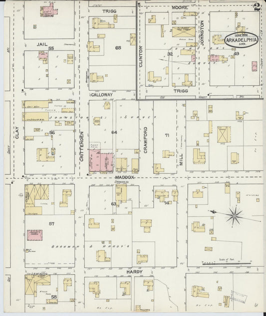 Sanborn Fire Insurance Map from Arkadelphia, Clark County, Arkansas (1892), Sheet #0002 - Historic Sanborn Fire Insurance Map Print, vintage old map wall art, antique decor, genealogy gift, Arkansas Arkansas map