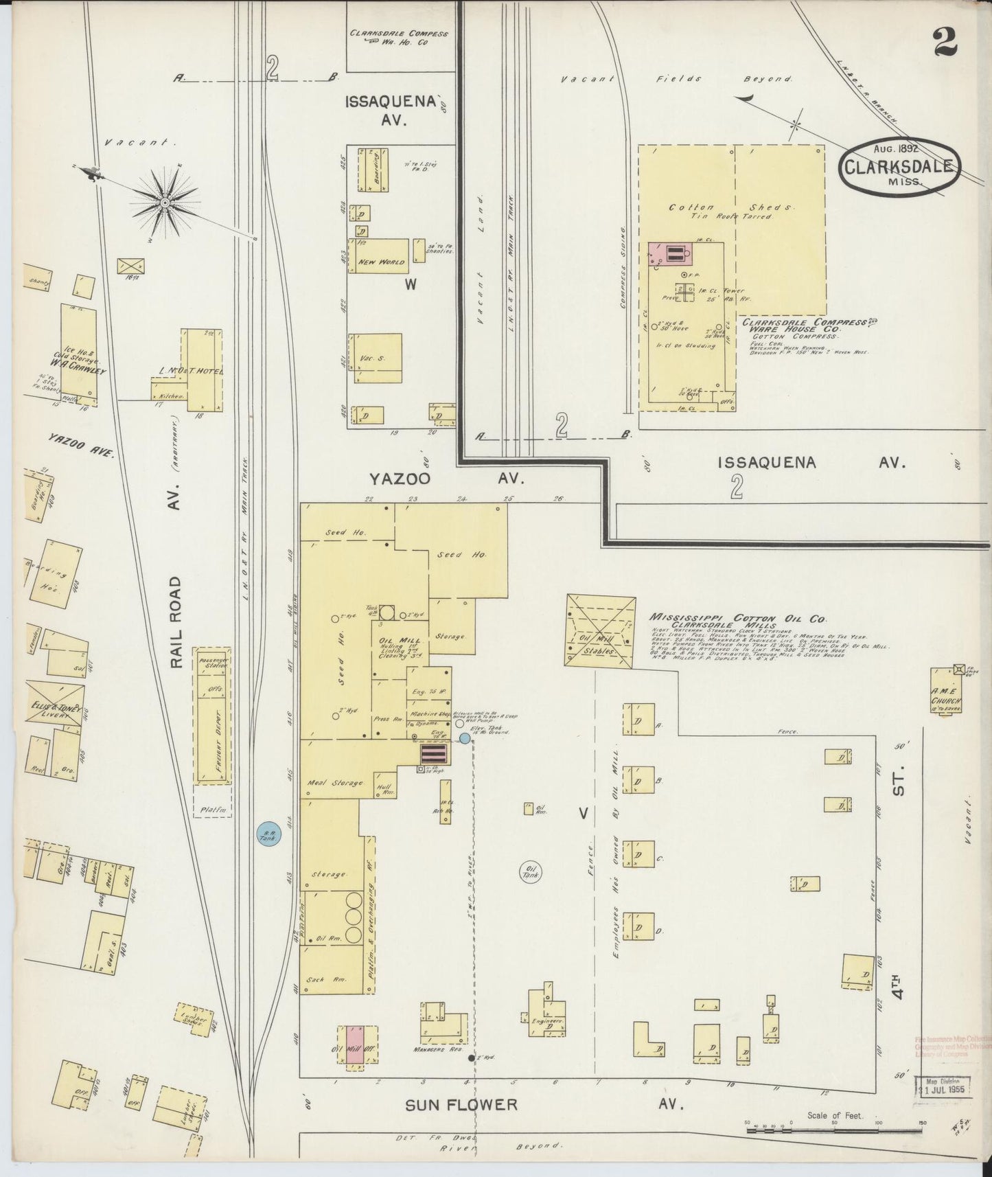 Sanborn Fire Insurance Map from Clarksdale, Coahoma County, Mississippi (1892), Sheet #0002 - Historic Sanborn Fire Insurance Map Print, vintage old map wall art, antique decor, genealogy gift, Mississippi Mississippi map