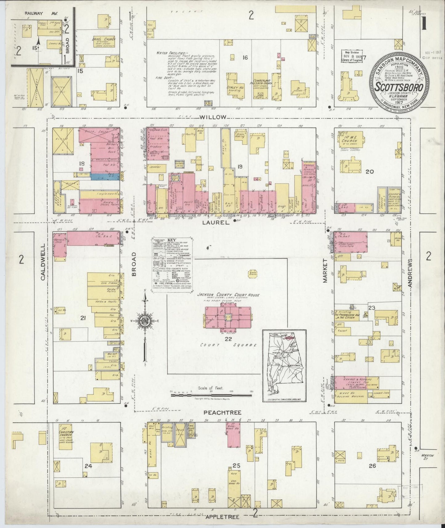 Sanborn Fire Insurance Map from Scottsboro, Jackson County, Alabama (1917), Sheet #0001 - Complete Map Set gallery image, historic Sanborn map, vintage wall art, Alabama Alabama