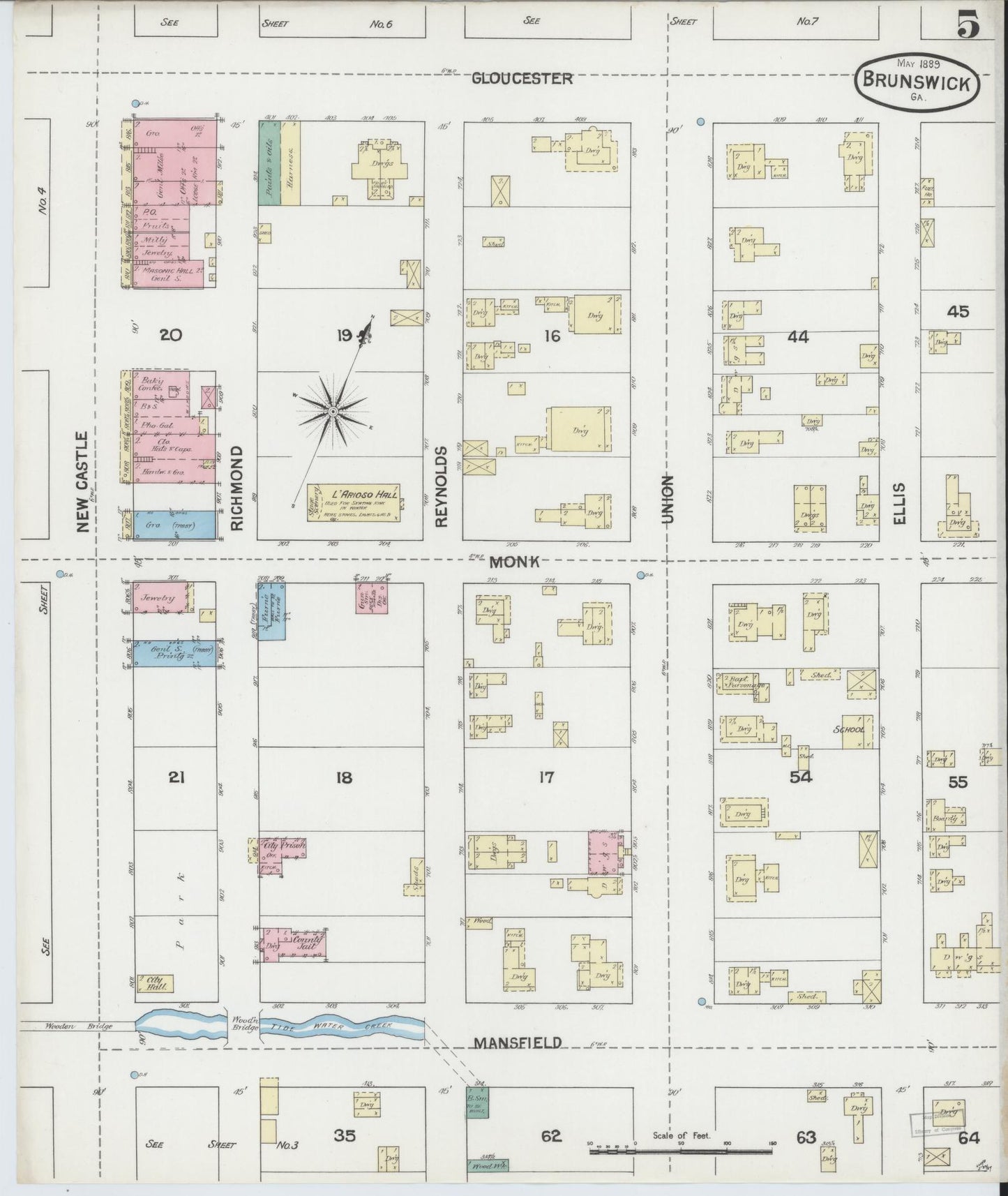 Sanborn Fire Insurance Map from Brunswick, Glynn County, Georgia (1889), Sheet #0005 - Complete Map Set gallery image, historic Sanborn map, vintage wall art, Georgia Georgia