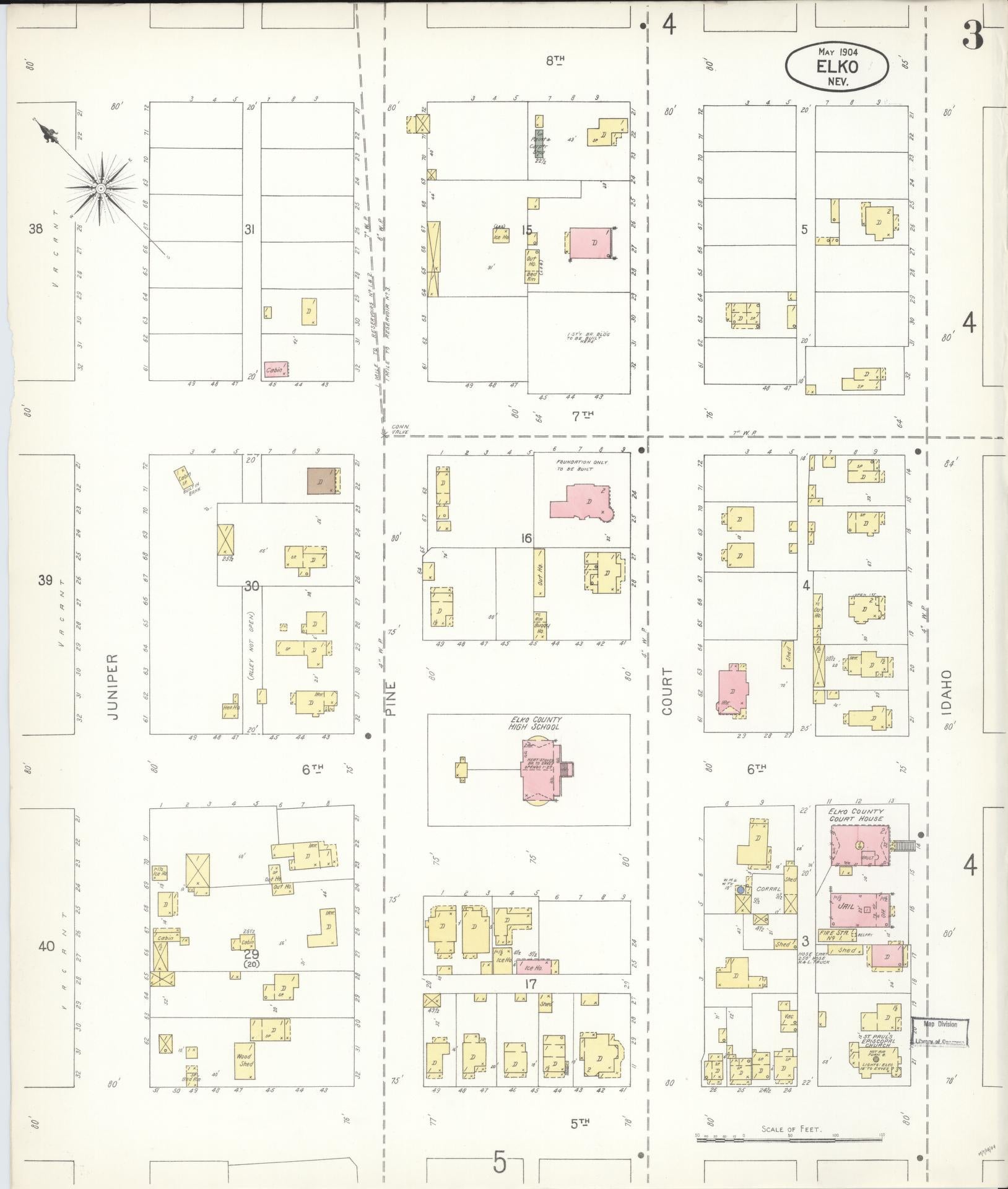 Sanborn Fire Insurance Map from Elko, Elko County, Nevada (1904), Sheet #0003 - Historic Sanborn Fire Insurance Map Print, vintage old map wall art, antique decor, genealogy gift, Nevada Nevada map