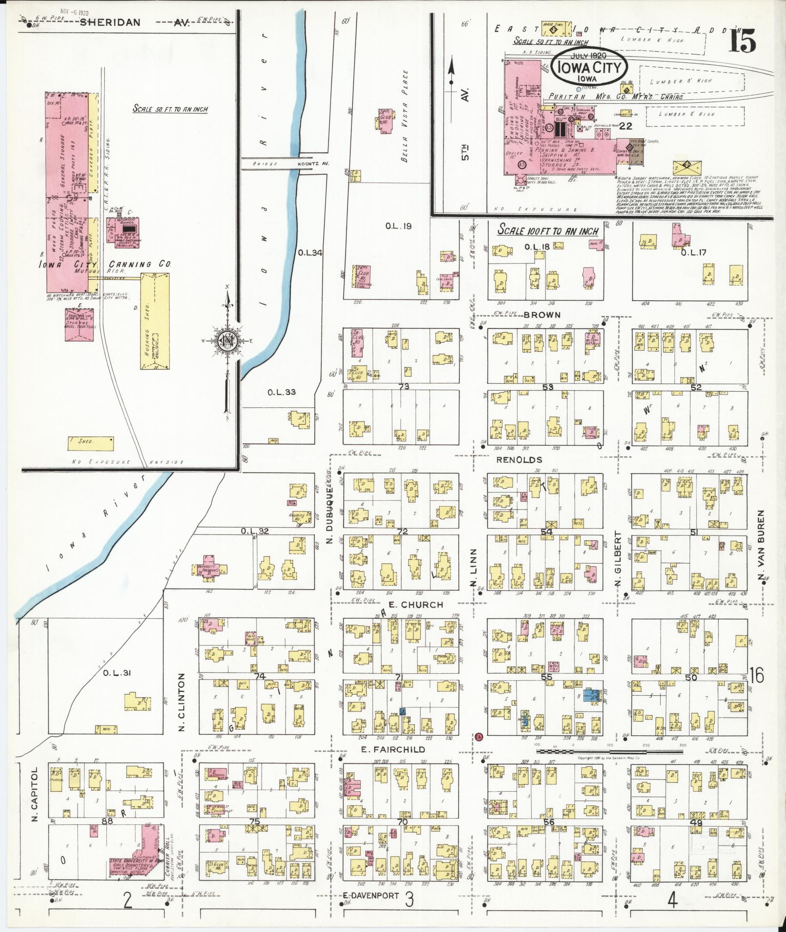 Sanborn Fire Insurance Map from Iowa City, Johnson County, Iowa (1920), Sheet #0015 - Historic Sanborn Fire Insurance Map Print, vintage old map wall art