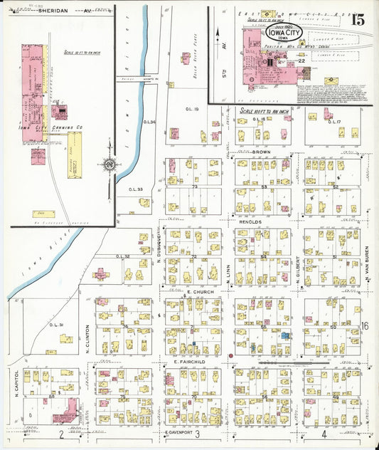 Sanborn Fire Insurance Map from Iowa City, Johnson County, Iowa (1920), Sheet #0015 - Historic Sanborn Fire Insurance Map Print, vintage old map wall art