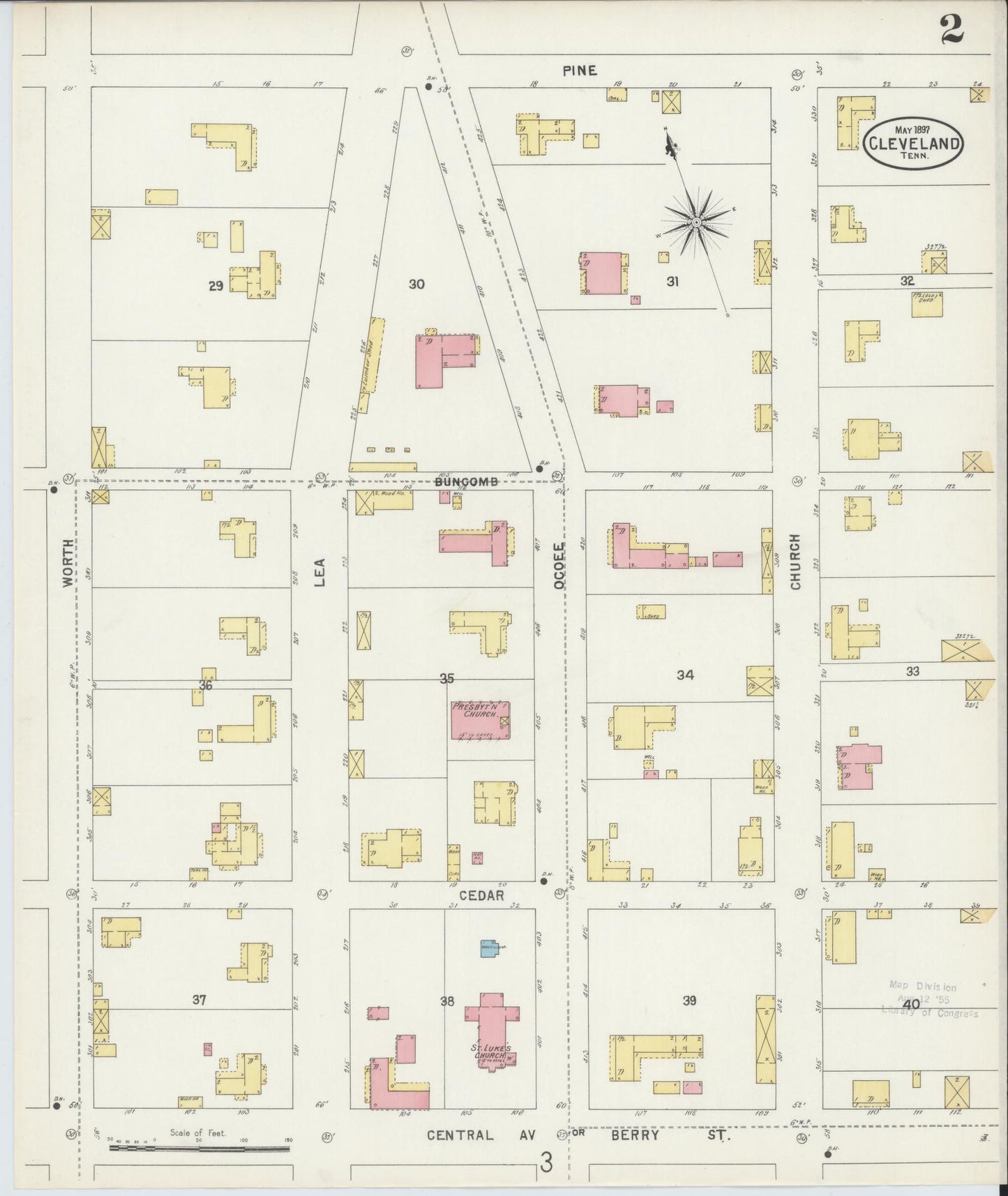 Sanborn Fire Insurance Map from Cleveland, Bradley County, Tennessee (1897), Sheet #0002 - Complete Map Set gallery image, historic Sanborn map, vintage wall art, Tennessee Tennessee