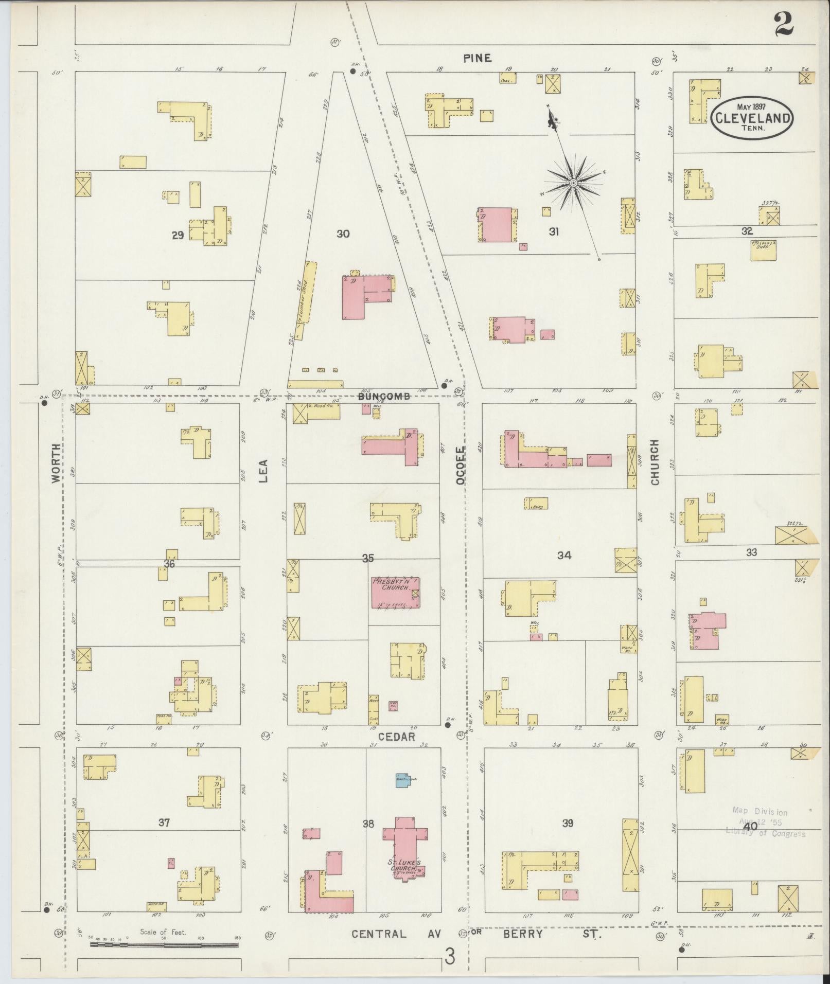 Sanborn Fire Insurance Map from Cleveland, Bradley County, Tennessee (1897), Sheet #0002 - Complete Map Set gallery image, historic Sanborn map, vintage wall art, Tennessee Tennessee