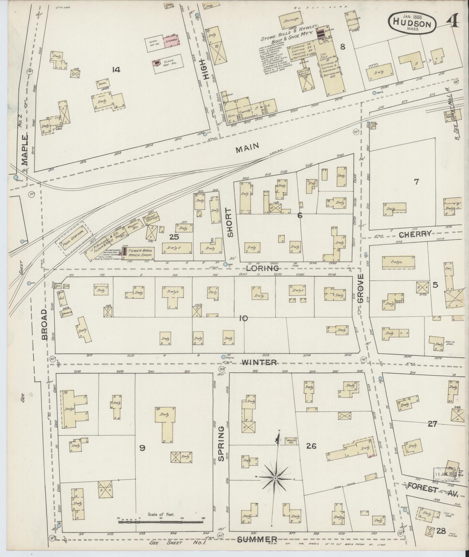 Sanborn Fire Insurance Map from Hudson, Middlesex County, Massachusetts (1888), Sheet #0004 - Historic Sanborn Fire Insurance Map Print, vintage old map wall art, antique decor, genealogy gift, Massachusetts Massachusetts map