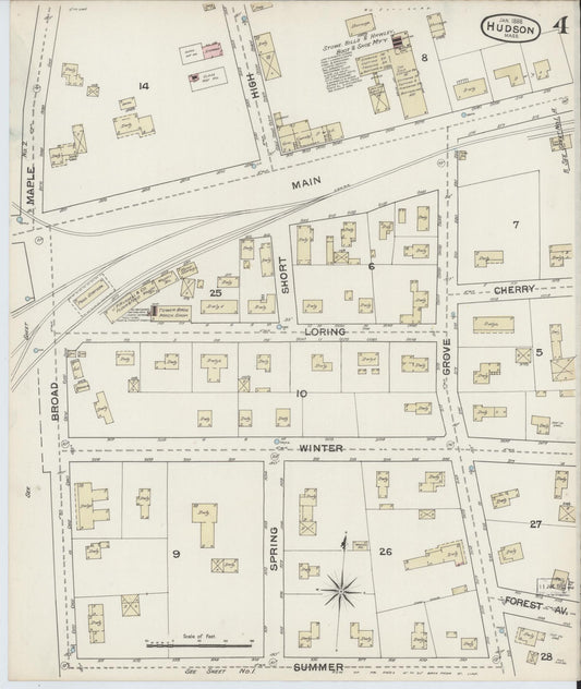 Sanborn Fire Insurance Map from Hudson, Middlesex County, Massachusetts (1888), Sheet #0004 - Historic Sanborn Fire Insurance Map Print, vintage old map wall art, antique decor, genealogy gift, Massachusetts Massachusetts map