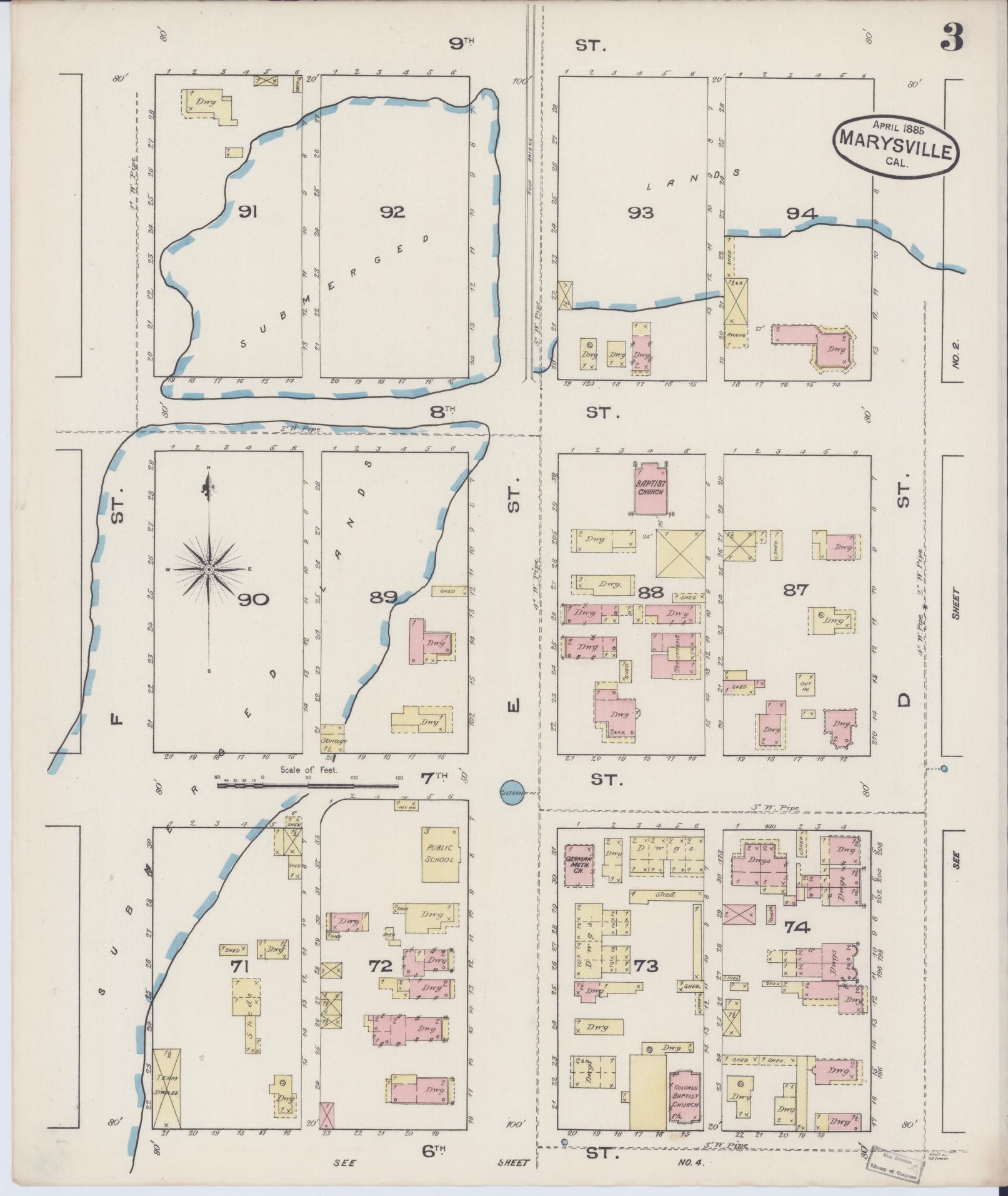 Sanborn Fire Insurance Map from Marysville, Yuba County, California (1885), Sheet #0003 - Historic Sanborn Fire Insurance Map Print, vintage old map wall art, antique decor, genealogy gift, California California map