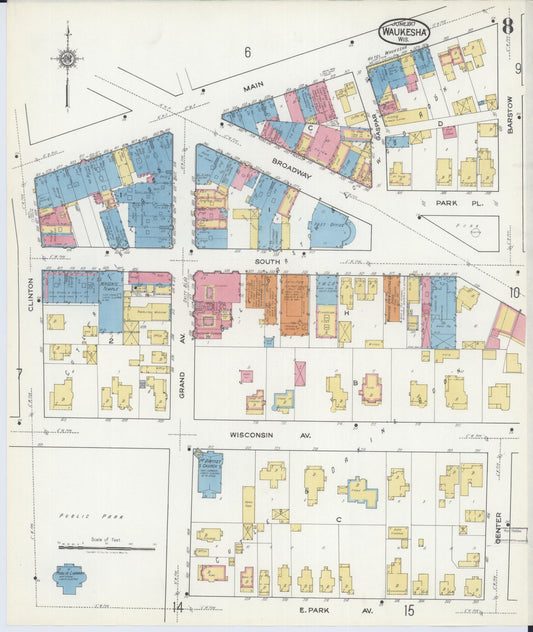 Sanborn Fire Insurance Map from Waukesha, Waukesha County, Wisconsin (1917), Sheet #0008 - Historic Sanborn Fire Insurance Map Print, vintage old map wall art, antique decor, genealogy gift, Wisconsin Wisconsin map