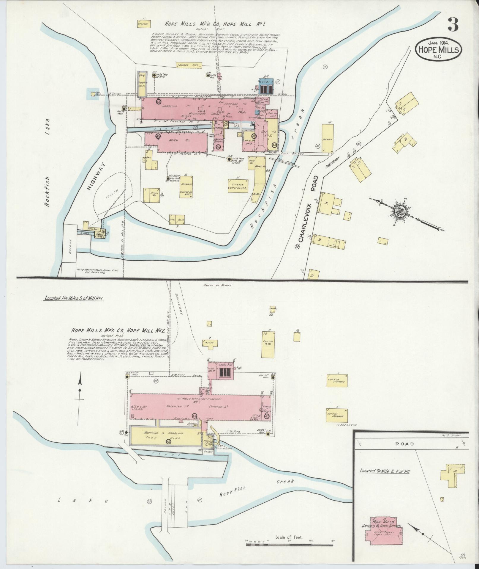 Sanborn Fire Insurance Map from Hope Mills, Cumberland County, North Carolina (1914), Sheet #0003 - Complete Map Set gallery image, historic Sanborn map, vintage wall art, North Carolina North Carolina