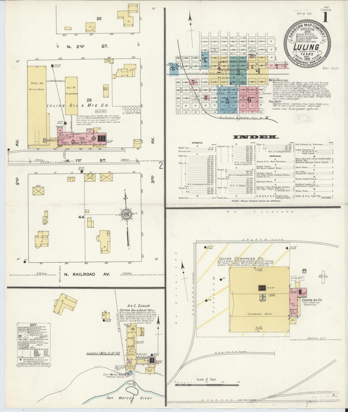 Sanborn Fire Insurance Map from Luling, Caldwell County, Texas (1912), Sheet #0001 - Complete Map Set gallery image, historic Sanborn map, vintage wall art, Texas Texas
