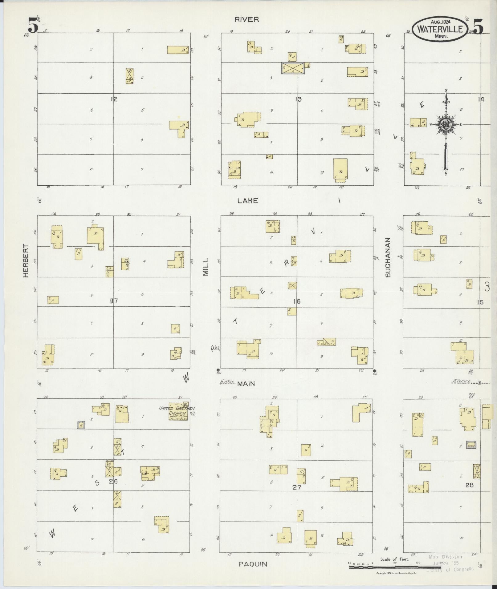 Sanborn Fire Insurance Map from Waterville, Le Sueur County, Minnesota (1924), Sheet #0005 - Historic Sanborn Fire Insurance Map Print, vintage old map wall art, antique decor, genealogy gift, Minnesota Minnesota map