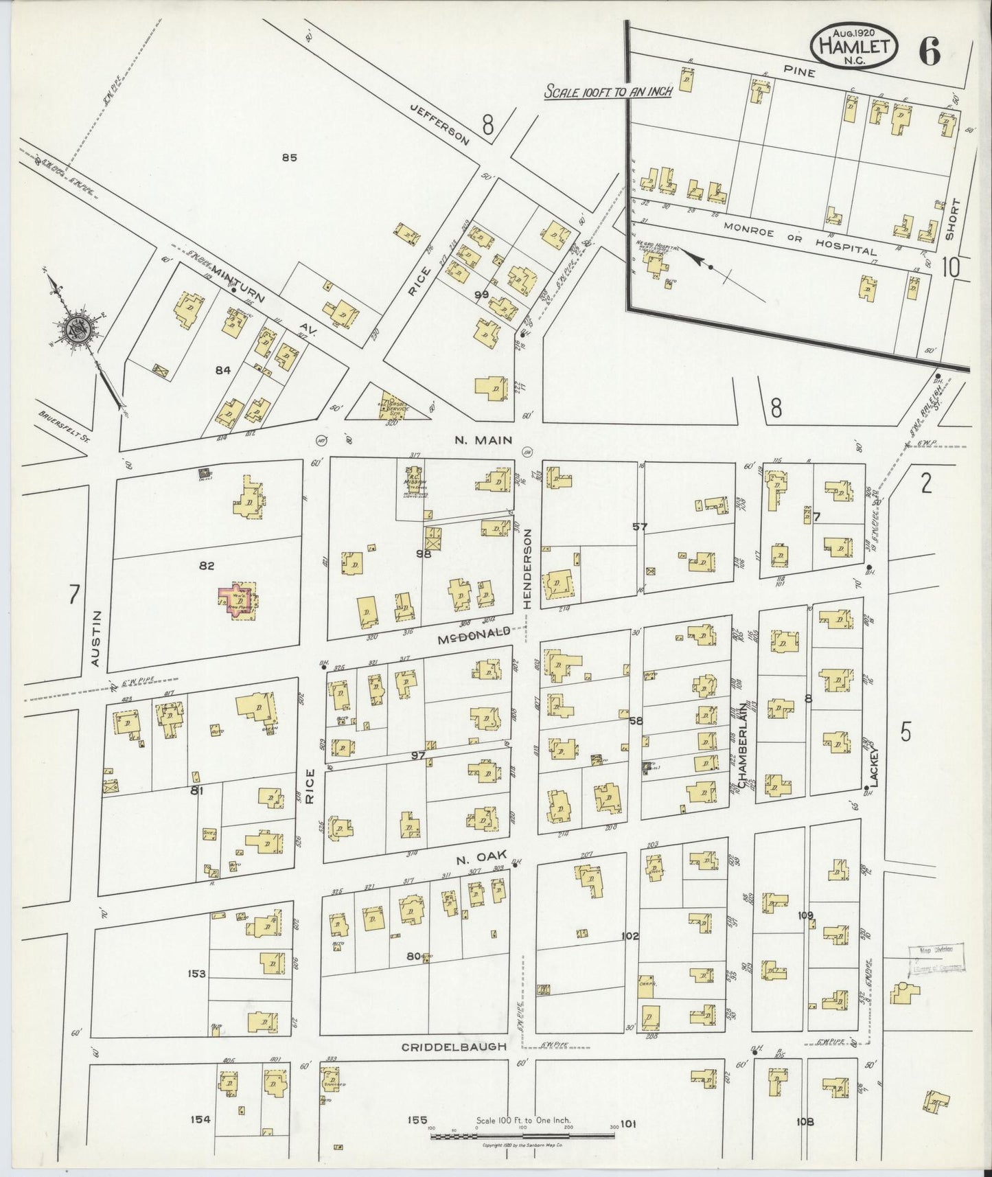Sanborn Fire Insurance Map from Hamlet, Richmond County, North Carolina (1920), Sheet #0006 - Complete Map Set gallery image, historic Sanborn map, vintage wall art, North Carolina North Carolina