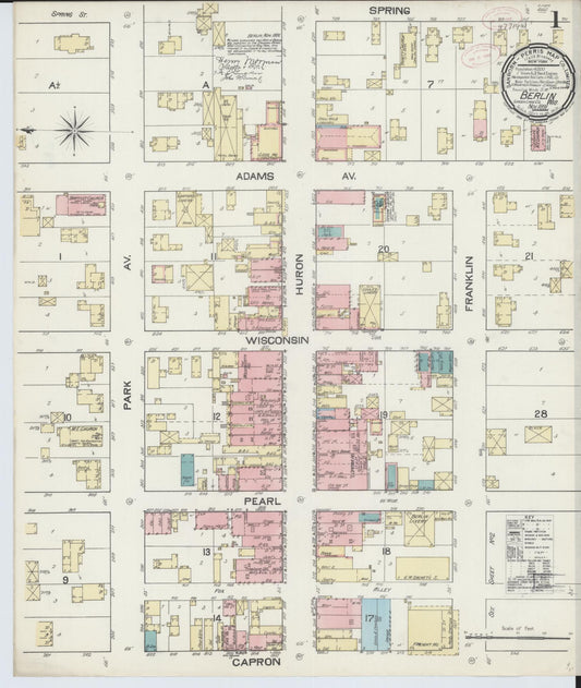 Sanborn Fire Insurance Map from Berlin, Green Lake County, Wisconsin (1891), Sheet #0001 - Historic Sanborn Fire Insurance Map Print, vintage old map wall art, antique decor, genealogy gift, Wisconsin Wisconsin map